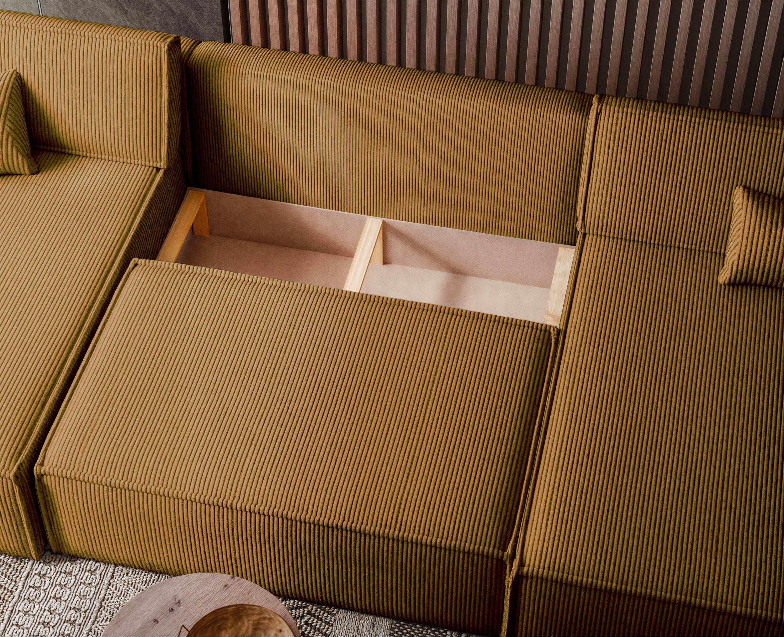U-förmiges Ecksofa Scarlo mit Schlaffunktion und Universallager, senfgelb, Cordstoff
