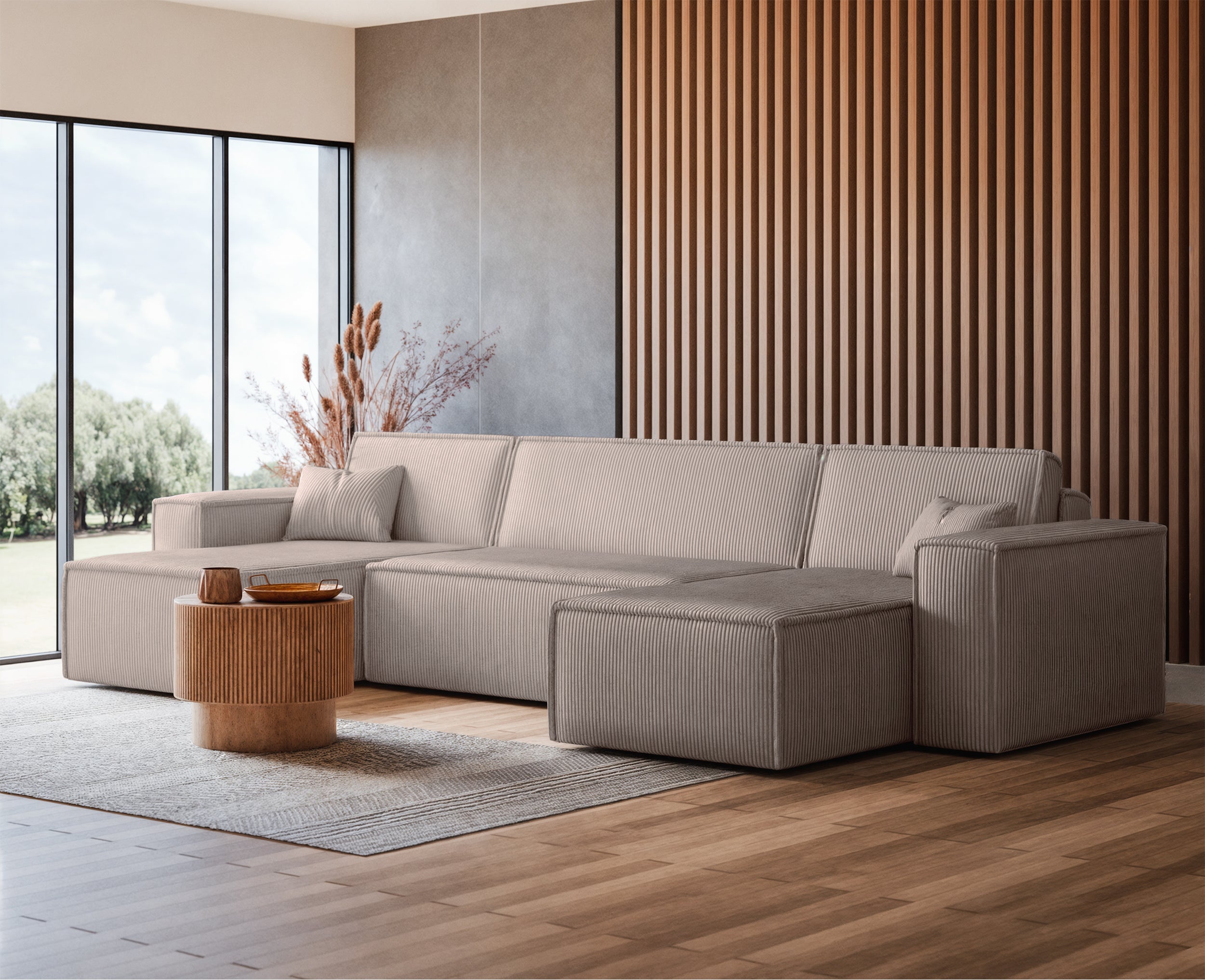 U-förmiges Ecksofa Scarlo mit Schlaffunktion, universellem Stauraum, beige Cordstoff
