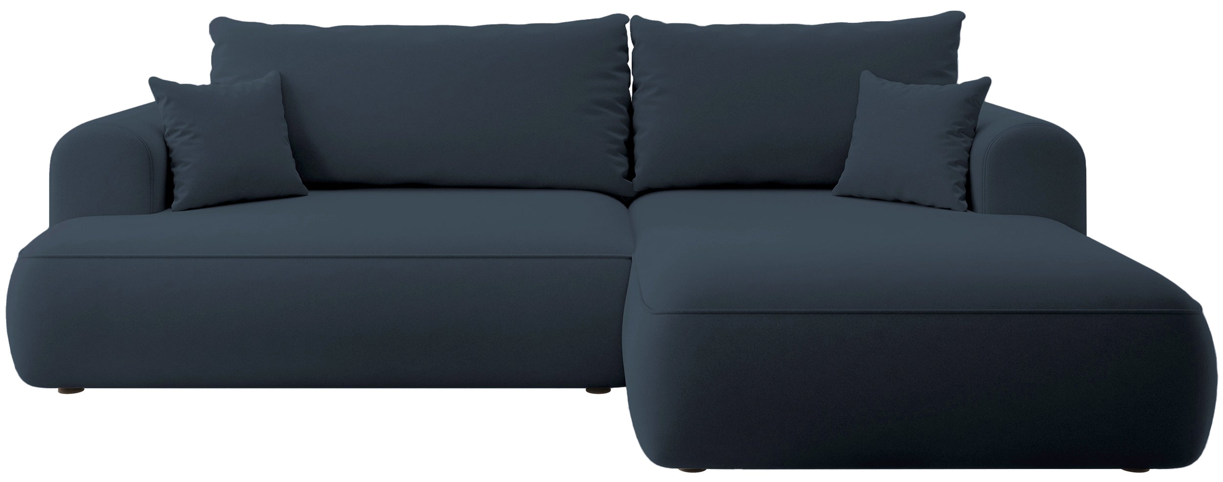Ecksofa mit Schlaffunktion Ovo, L-förmig, marineblauer Samt, mit Stauraum, rechtsseitig, aus leicht zu reinigendem Stoff