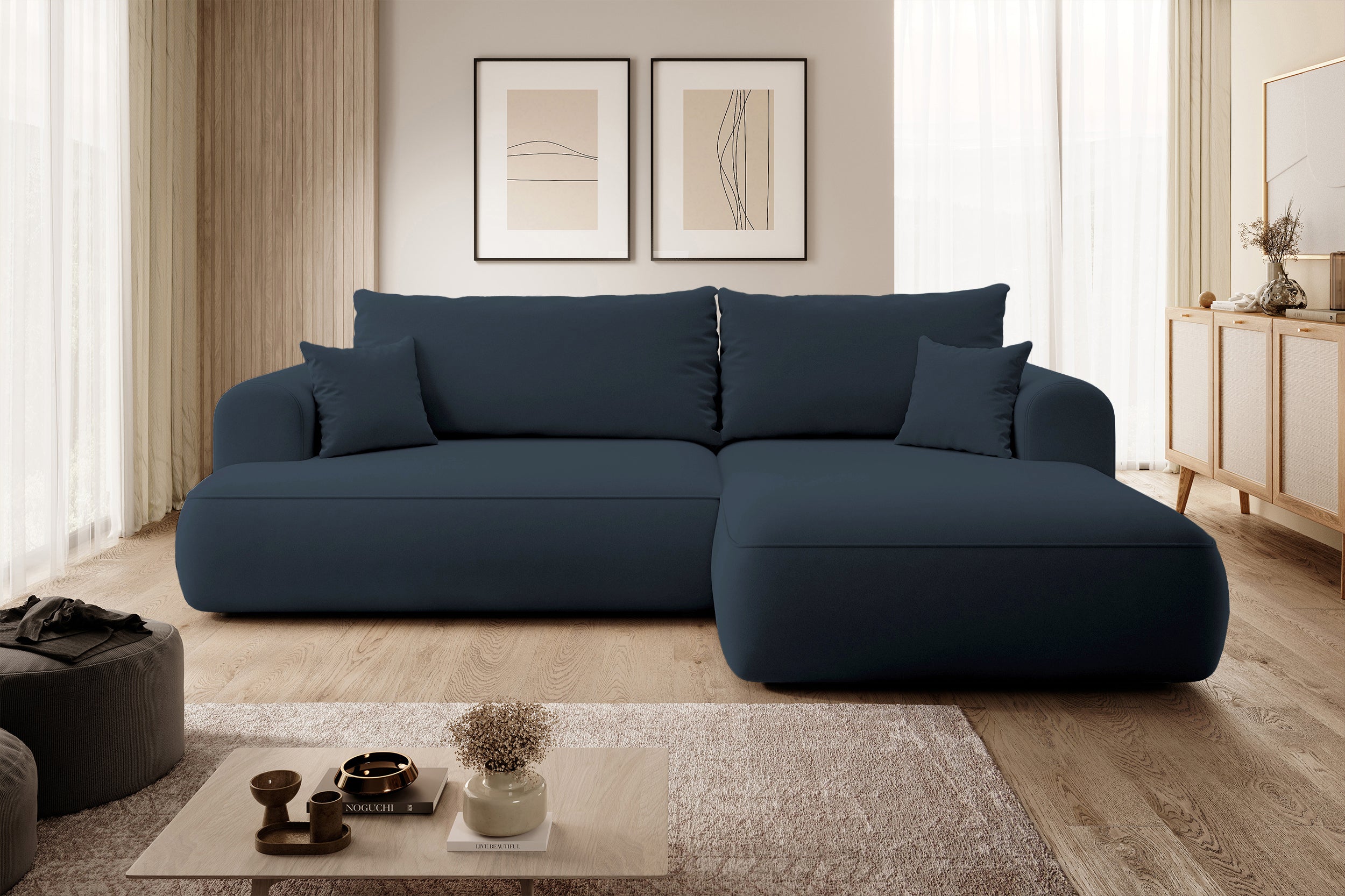 Ecksofa mit Schlaffunktion Ovo, L-förmig, marineblauer Samt, mit Stauraum, rechtsseitig, aus leicht zu reinigendem Stoff