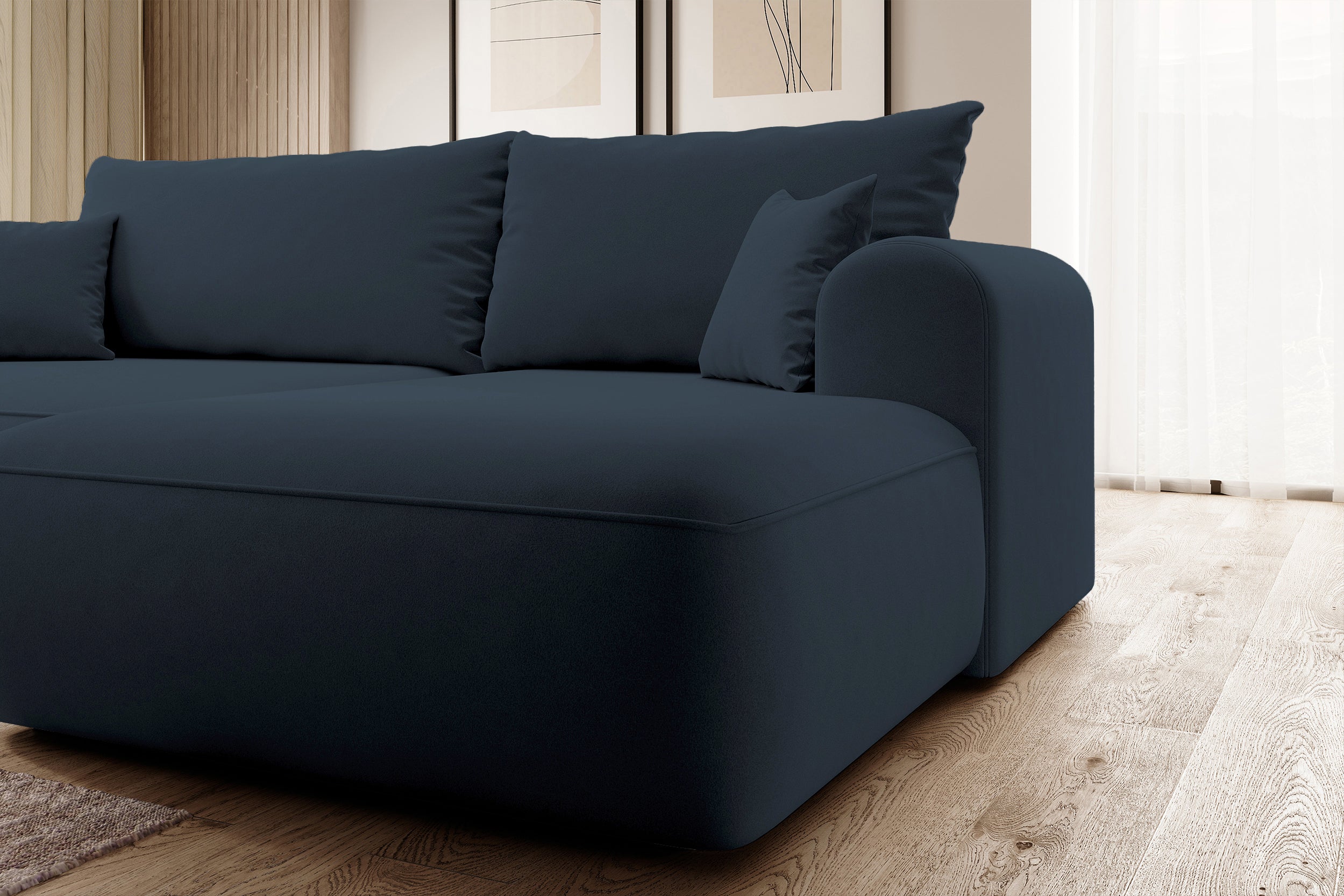 Ecksofa mit Schlaffunktion Ovo, L-förmig, marineblauer Samt, mit Stauraum, rechtsseitig, aus leicht zu reinigendem Stoff