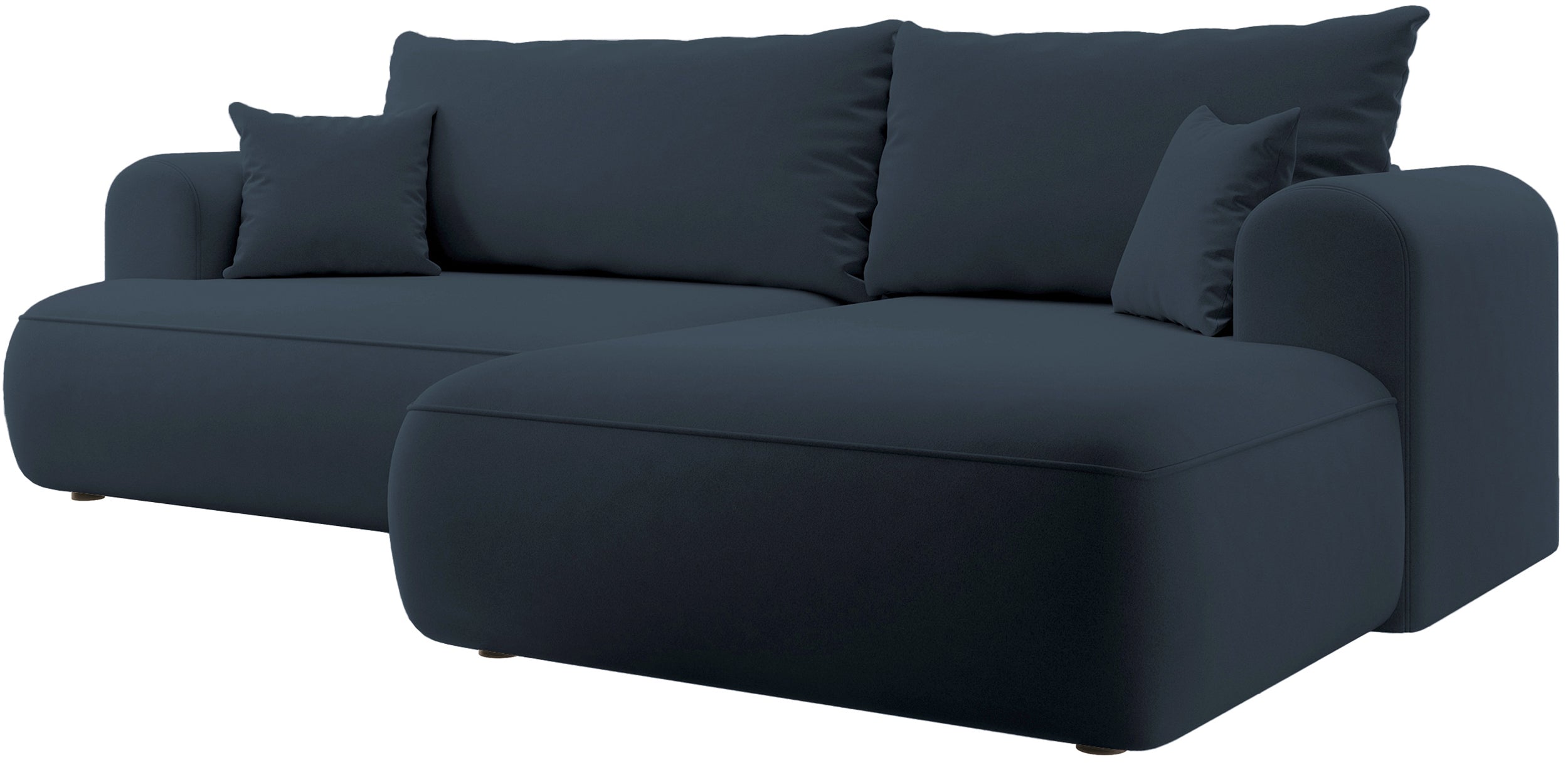 Ecksofa mit Schlaffunktion Ovo, L-förmig, marineblauer Samt, mit Stauraum, rechtsseitig, aus leicht zu reinigendem Stoff