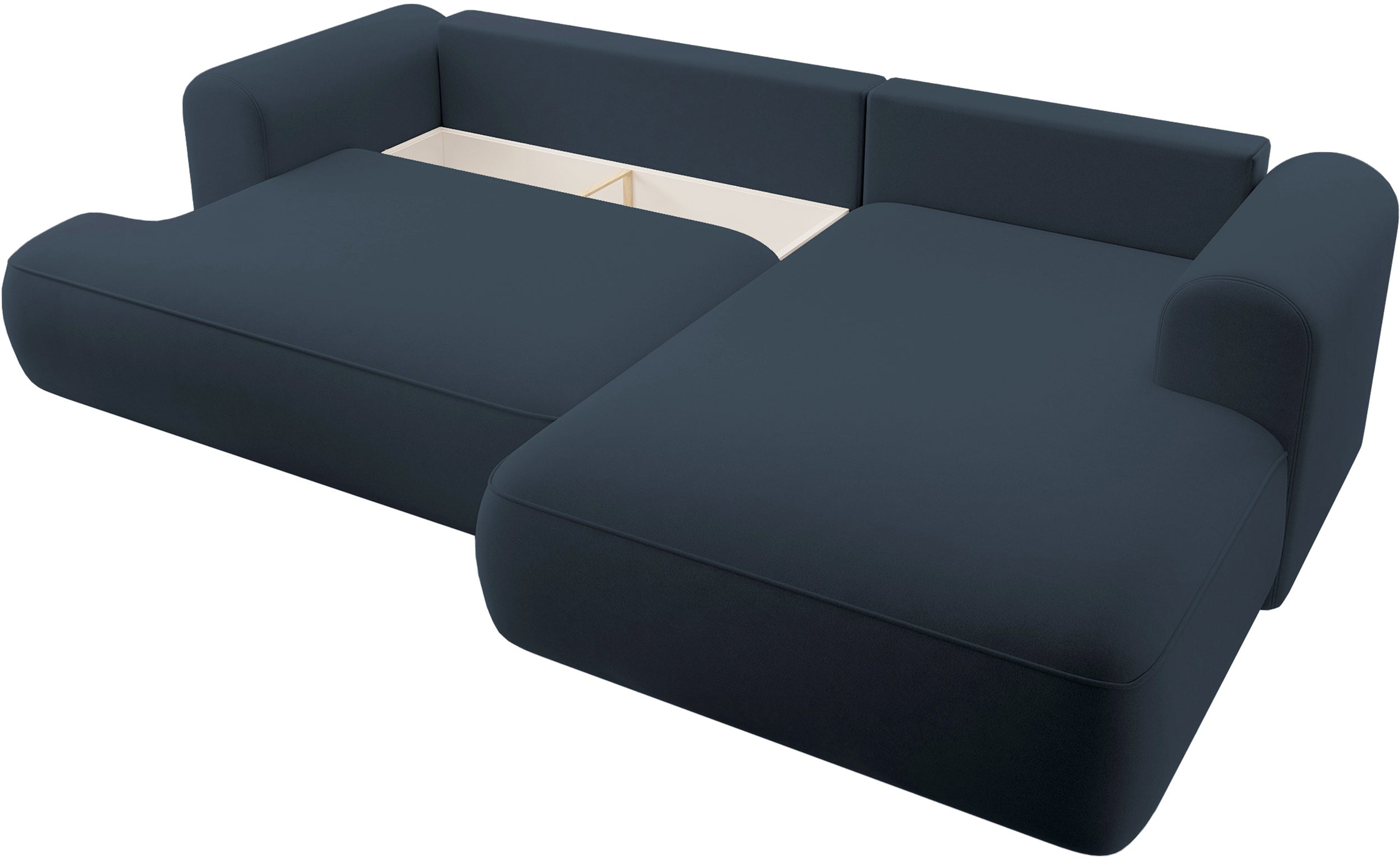 Ecksofa mit Schlaffunktion Ovo, L-förmig, marineblauer Samt, mit Stauraum, rechtsseitig, aus leicht zu reinigendem Stoff