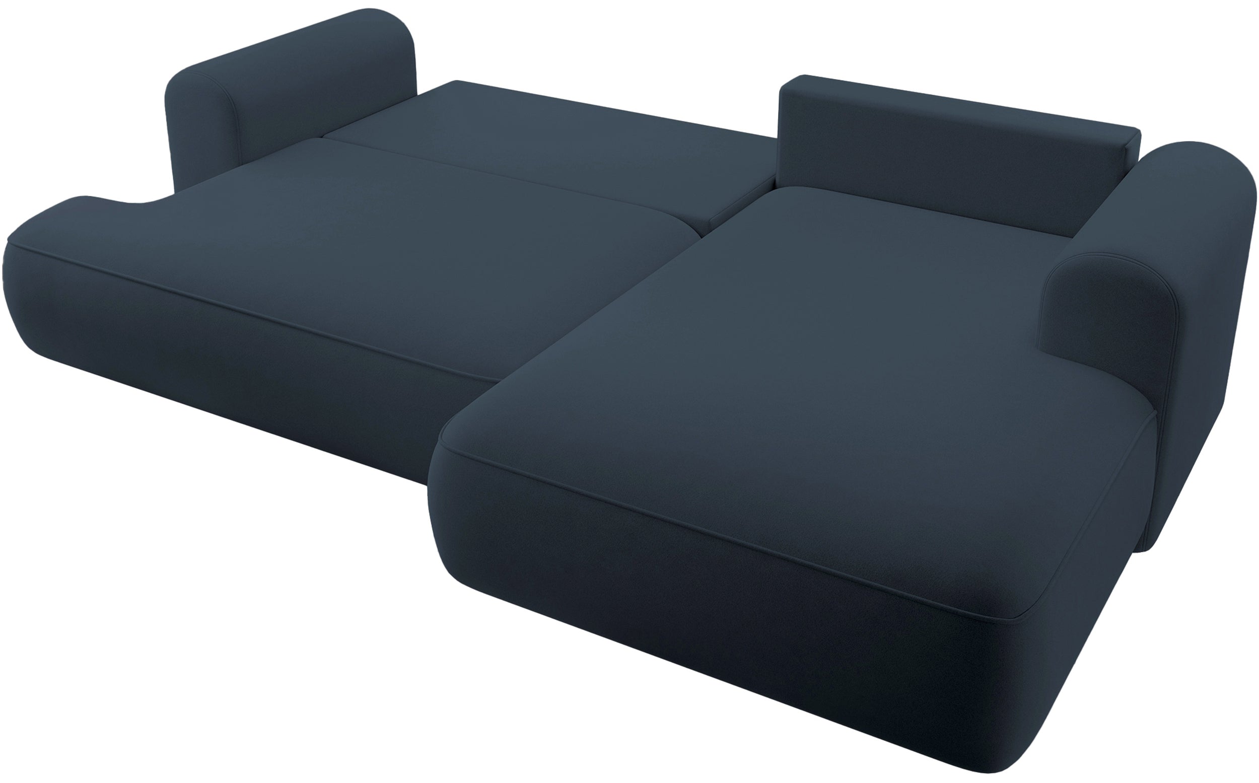 Ecksofa mit Schlaffunktion Ovo, L-förmig, marineblauer Samt, mit Stauraum, rechtsseitig, aus leicht zu reinigendem Stoff