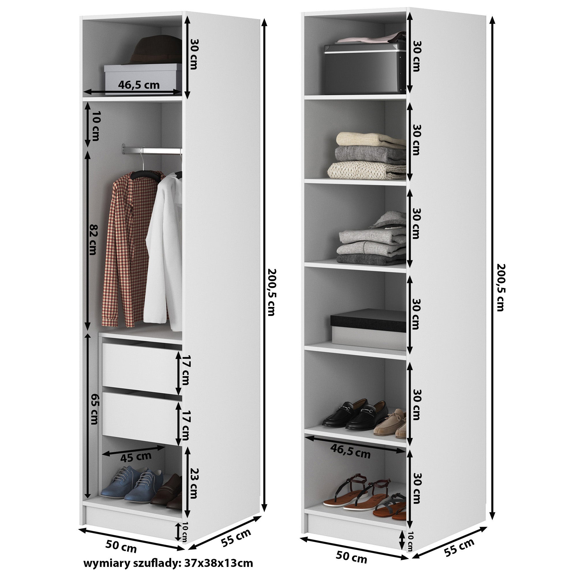 Kaspe Garderobe mit Stange, Schubladen und Regalen 100 cm Weiß