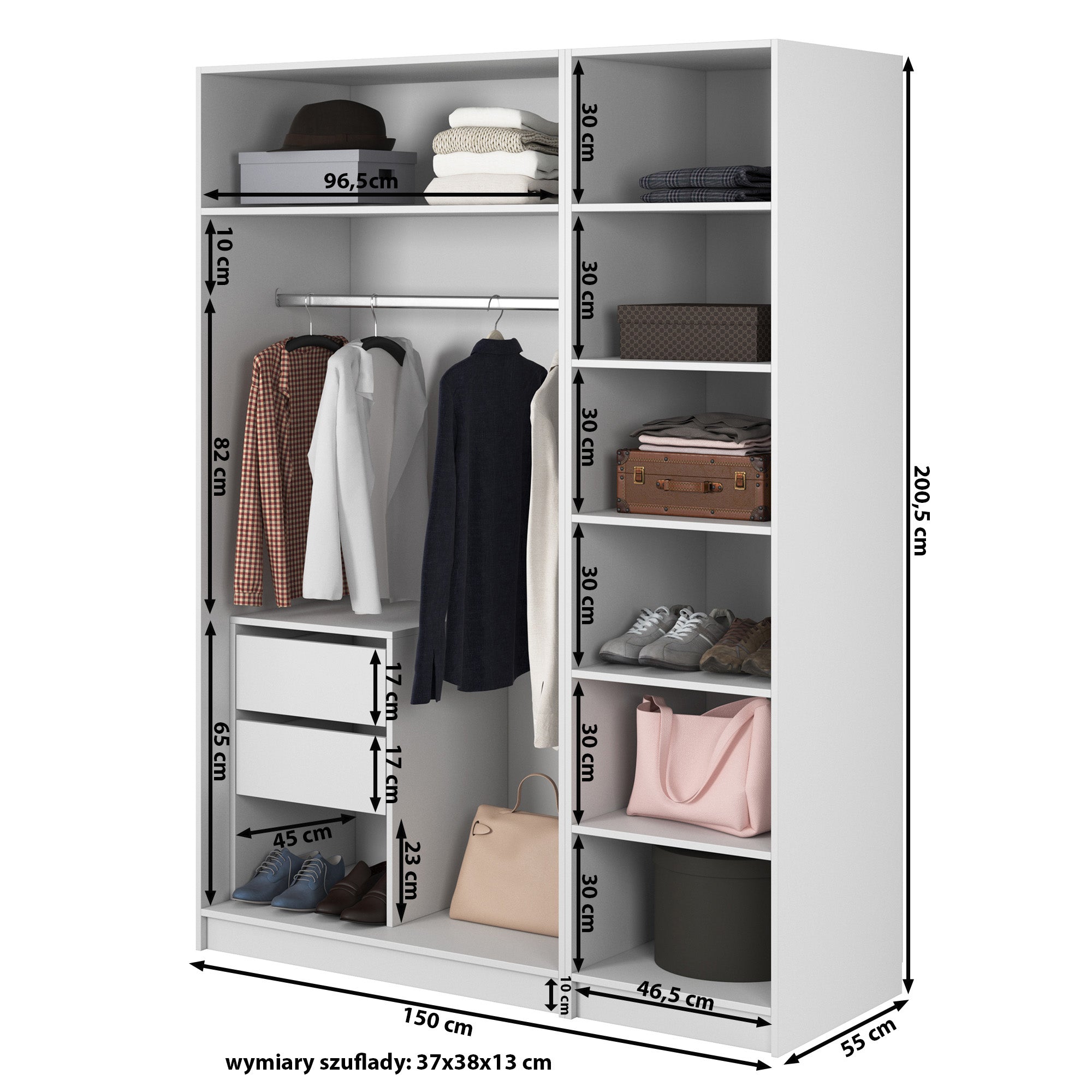 Kaspe Garderobe mit Stange, Schubladen und Regalen, 150 cm, Weiß