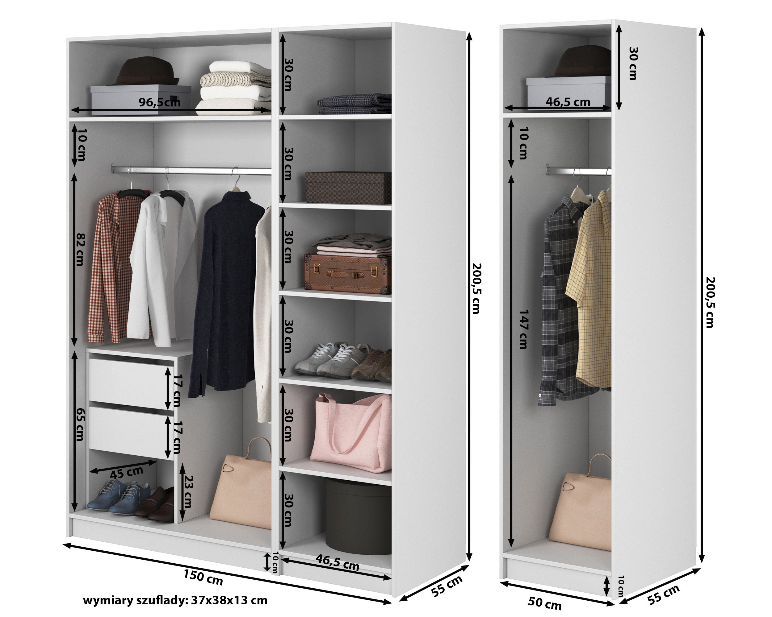 Kaspe Garderobe mit zwei Kleiderstangen, Schubladen und Regalen, 200 cm, Weiß