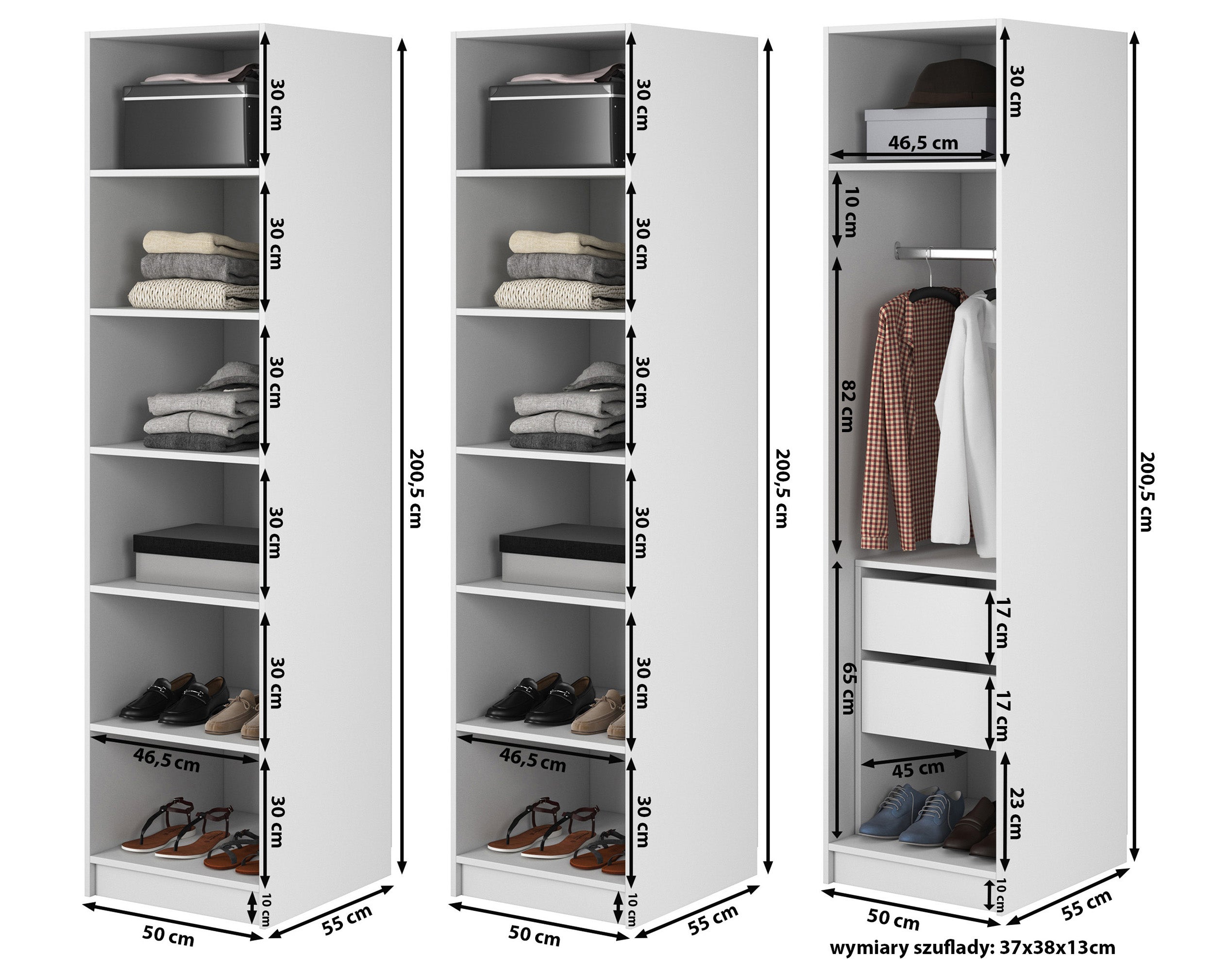 Kaspe Garderobe mit Stange, Schubladen und doppelten Regalen, 150 cm, Weiß