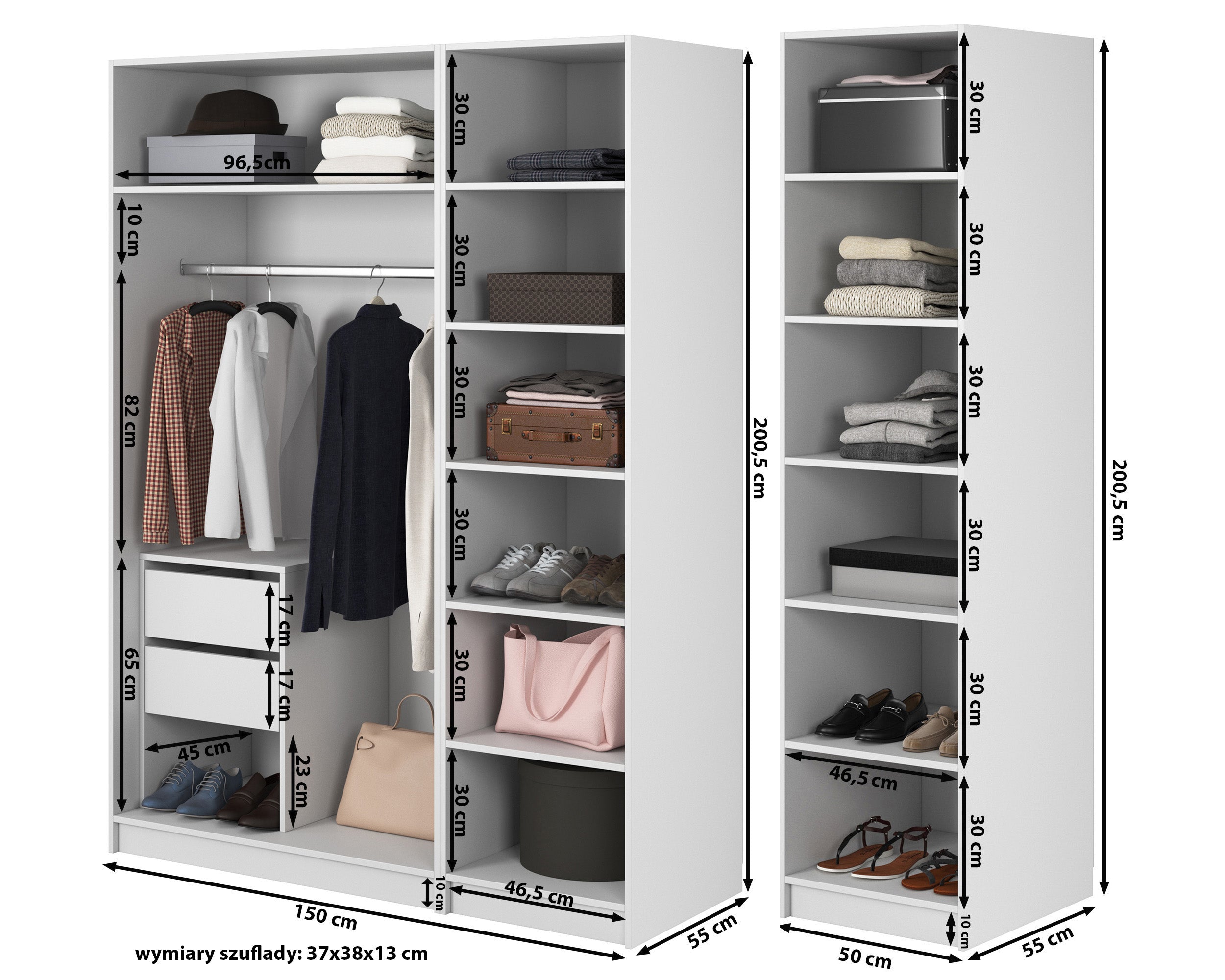 Kaspe Garderobe mit Kleiderstange, Container und doppelten Regalen 200 cm Weiß
