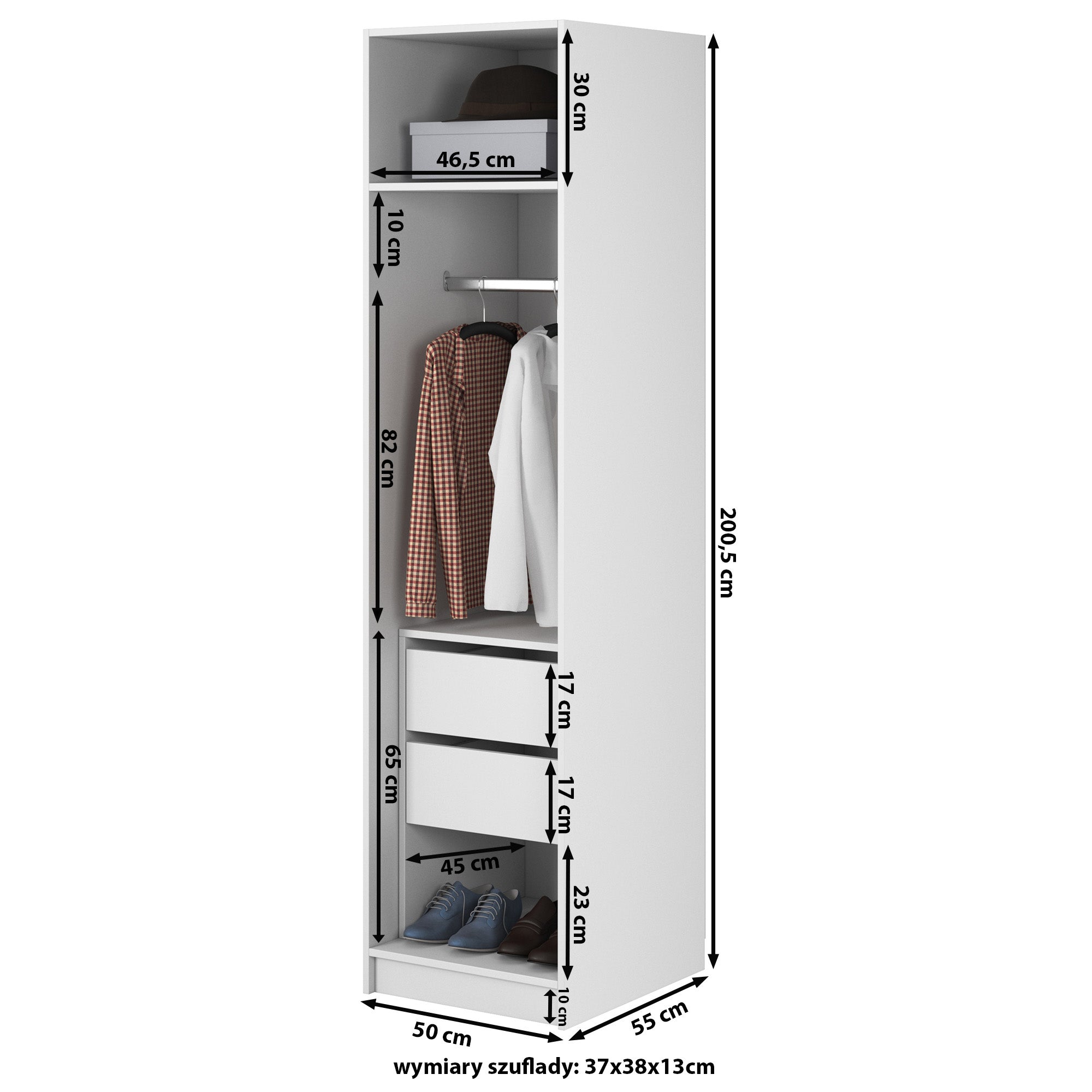 Kaspe Garderobe mit Stange und Schubladen 50 cm Weiß