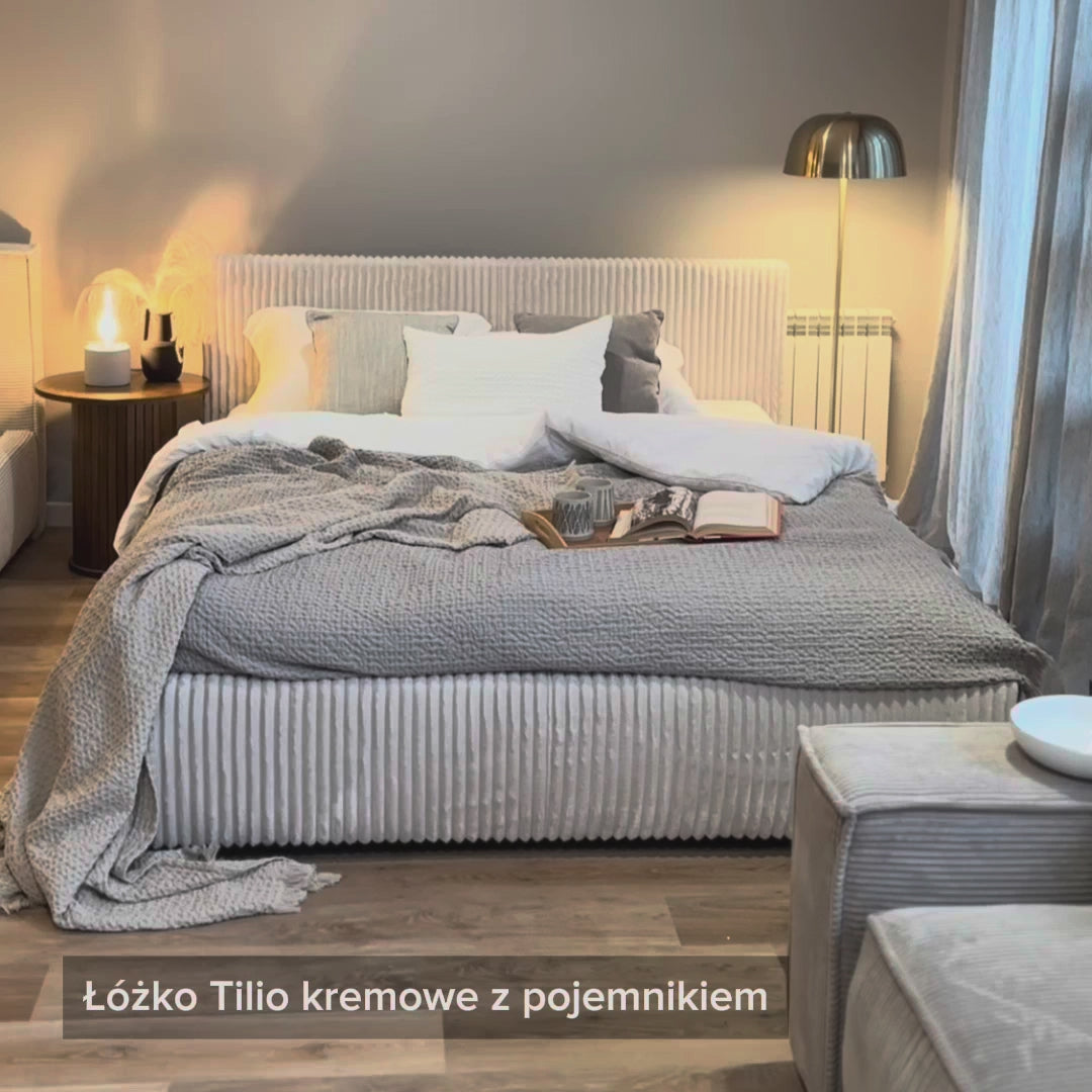 Video laden: Polsterbett 140x200 cm Tilio mit Stauraum, Metallrahmen, hellgrauer dicker Cordstoff