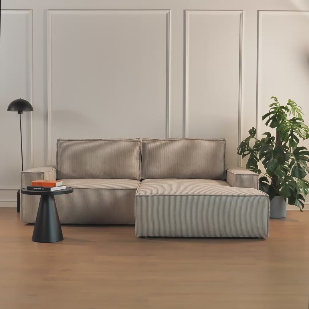 Video laden: Ecksofa mit Schlaffunktion Farese Mini, L-förmig, rechtsseitig, mit Stauraum, dunkelgrüner Cordstoff