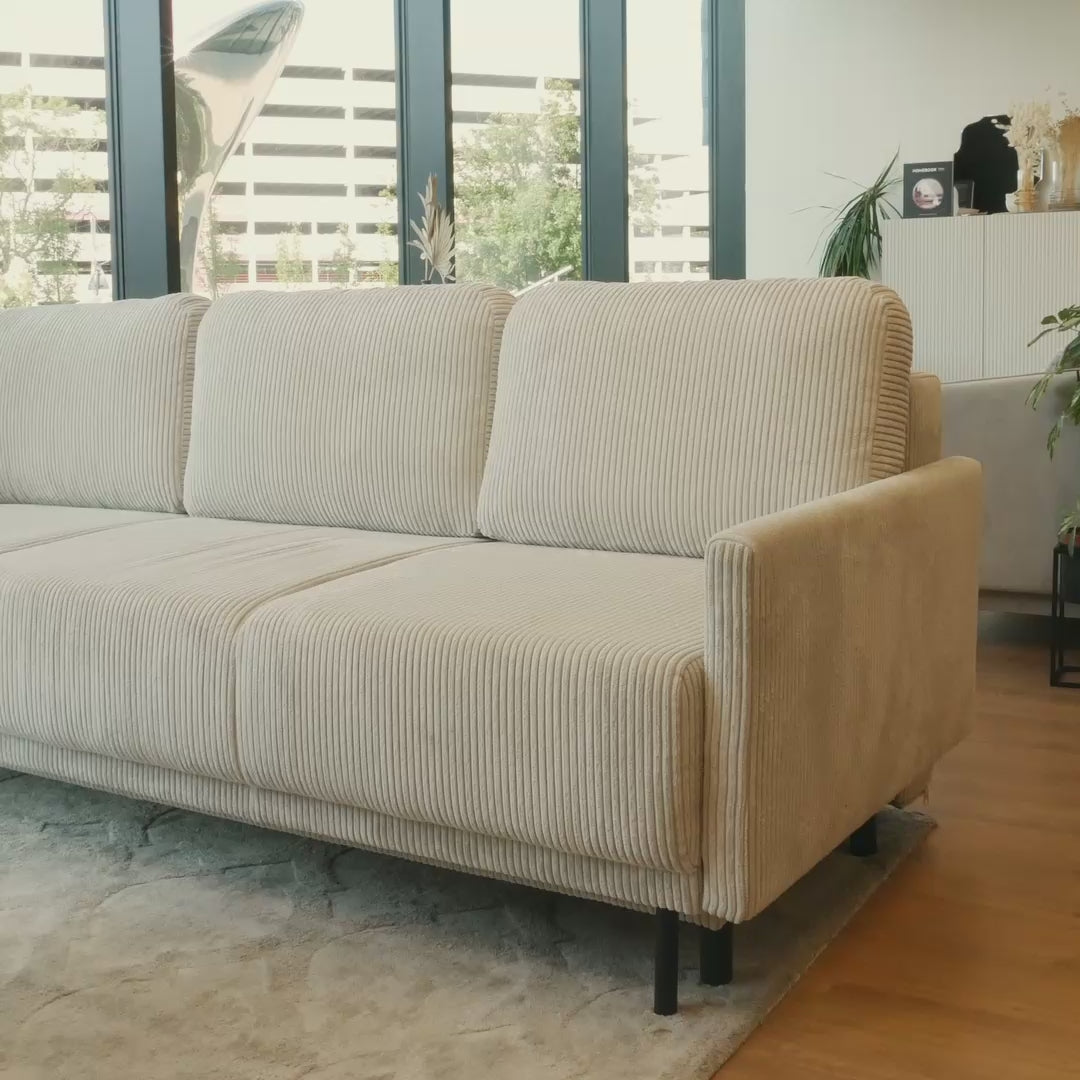 Charger la vidéo : Canapé convertible 3 places Hamiel avec rangement, velours côtelé beige