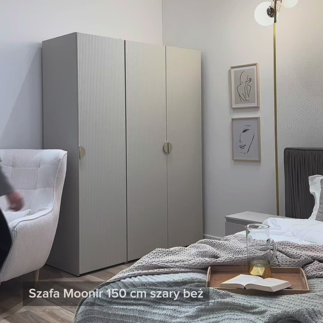 Video laden: Drehtürenschrank Moonir mit drei Türen und zwei Kleiderstangen, 150 cm, Grau-Beige