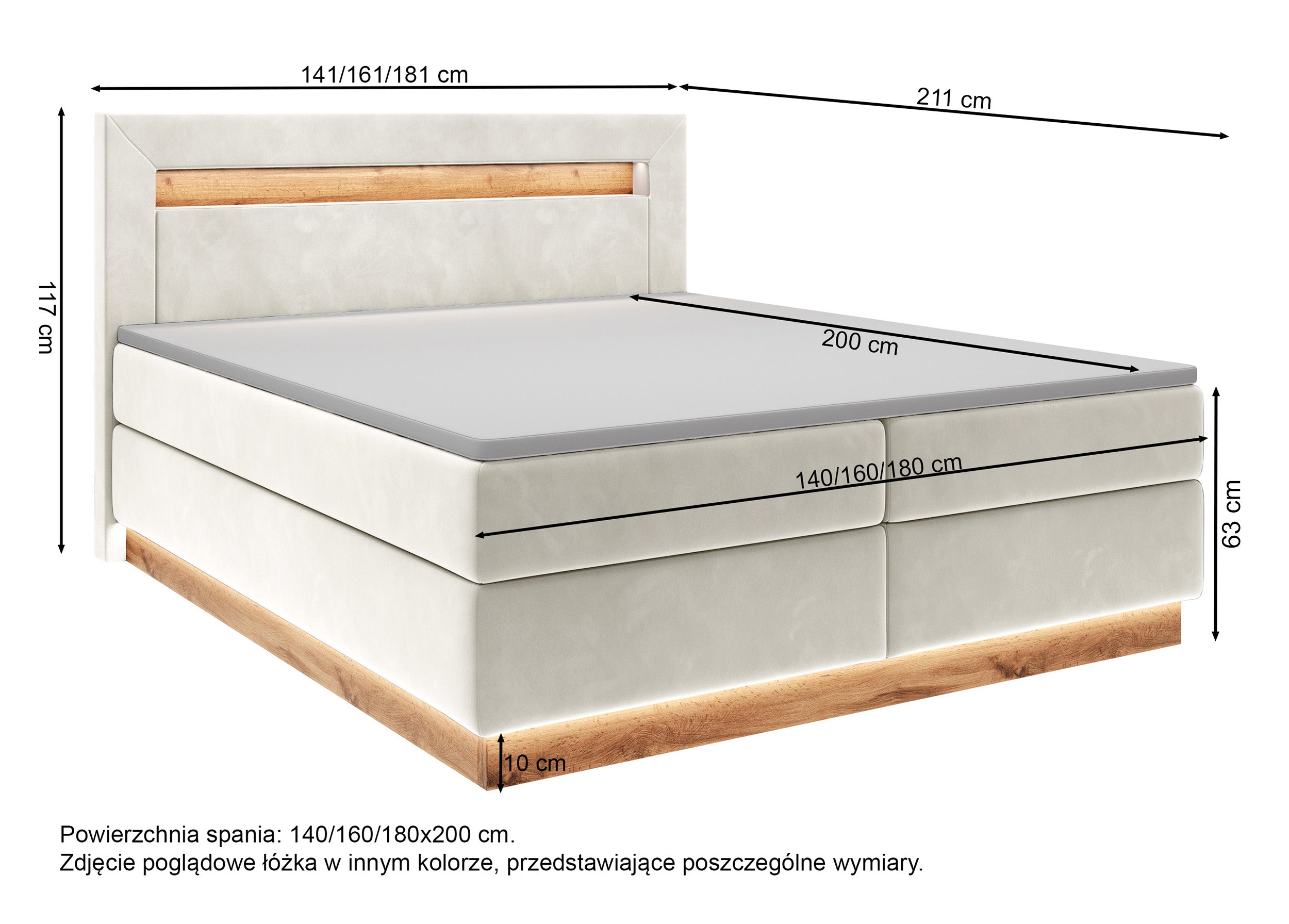 Kontinentales Bett Promie 140x200 cm mit Topper und Beleuchtung, grafischer Samt