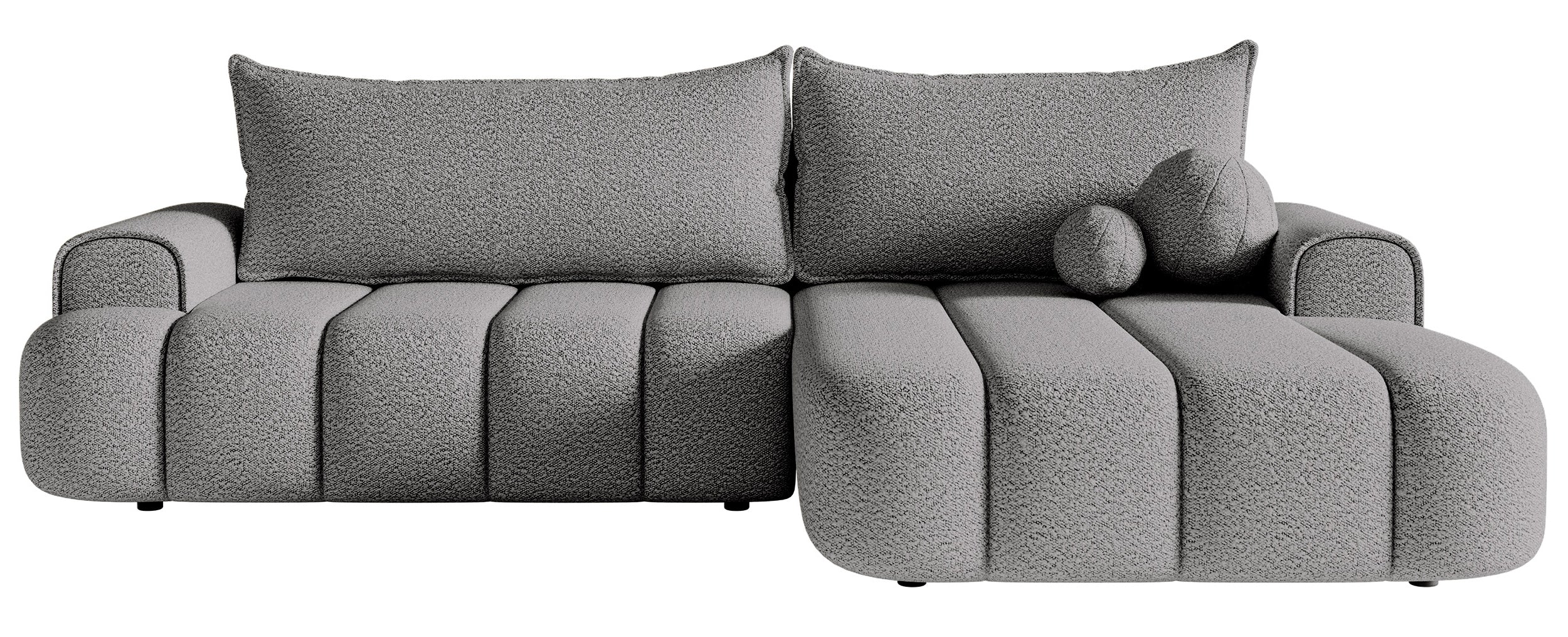 Ecksofa mit Schlaffunktion Dandelino, L-förmig, rechtsseitig, mit Stauraum, grauer Bouclé-Stoff