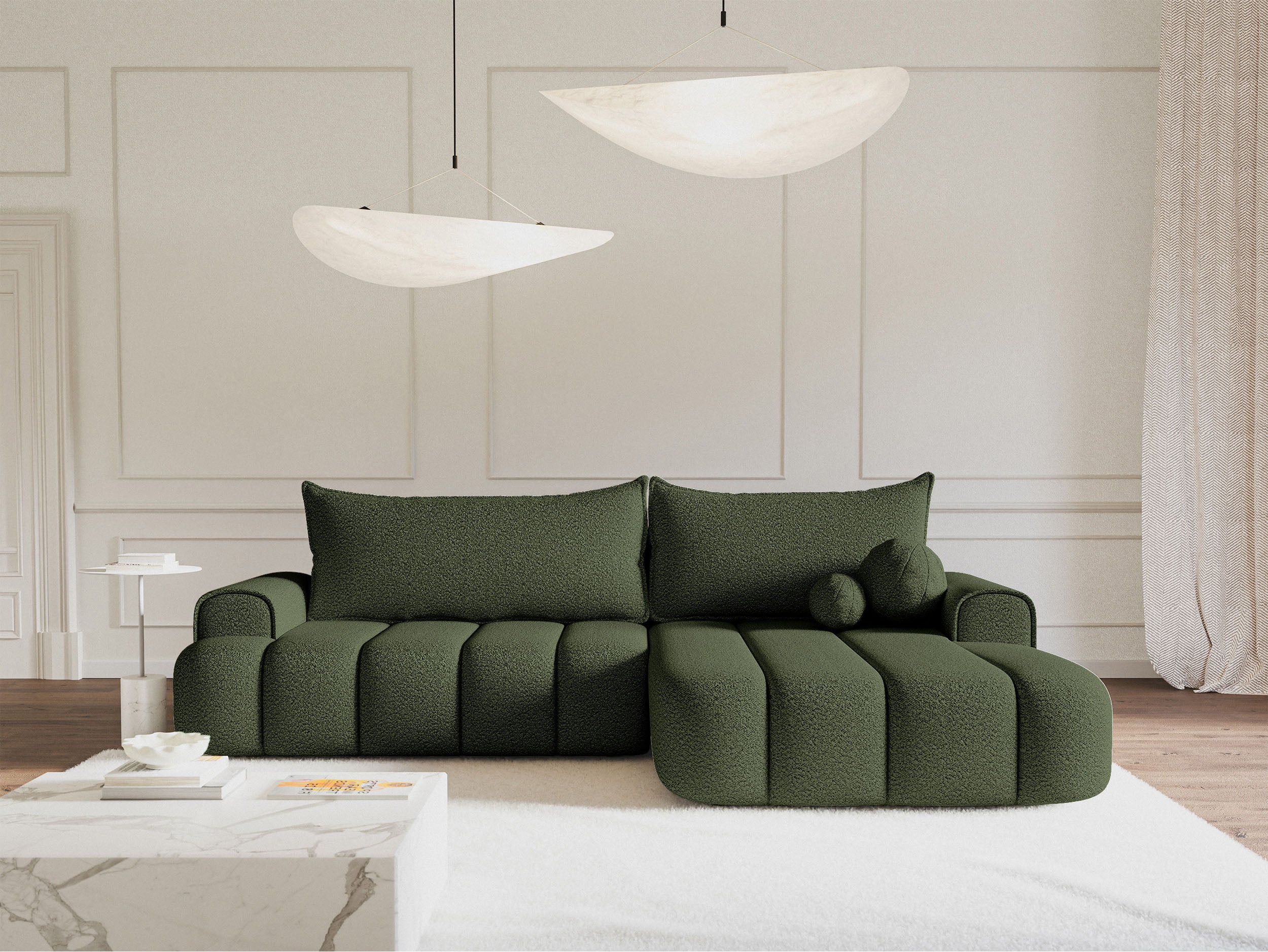 Ecksofa mit Schlaffunktion Dandelino, L-förmig, rechtsseitig, mit Stauraum, khaki Bouclé
