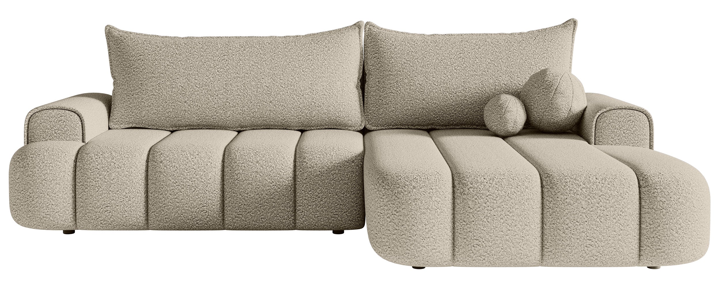 Ecksofa mit Schlaffunktion Dandelino, L-förmig, rechtsseitig, mit Stauraum, hellbeige Bouclé