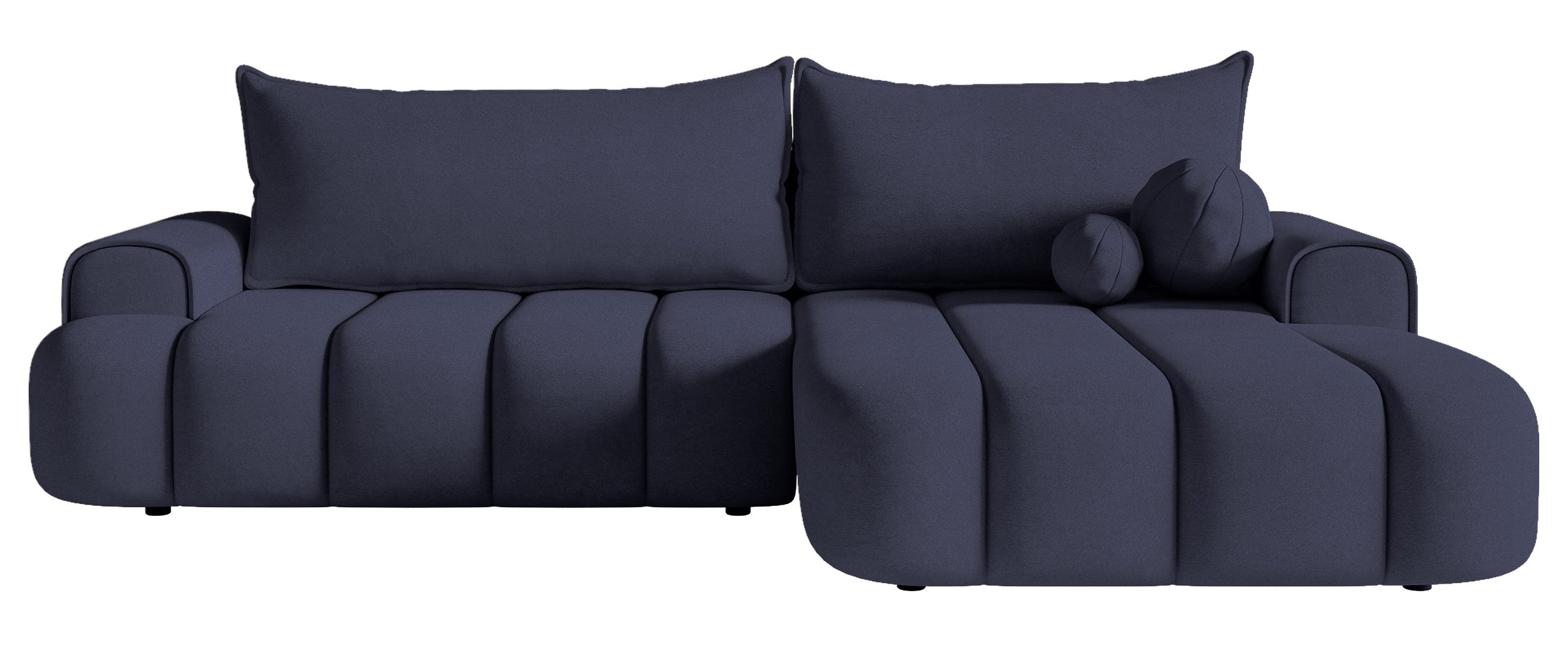 Ecksofa mit Schlaffunktion Dandelino, L-förmig, rechtsseitig, mit Stauraum, marineblauer Samt