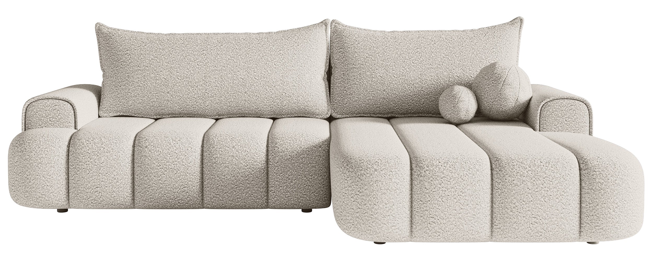 Ecksofa mit Schlaffunktion Dandelino, L-Form, rechtsseitig, mit Stauraum, cremefarbenes Bouclé