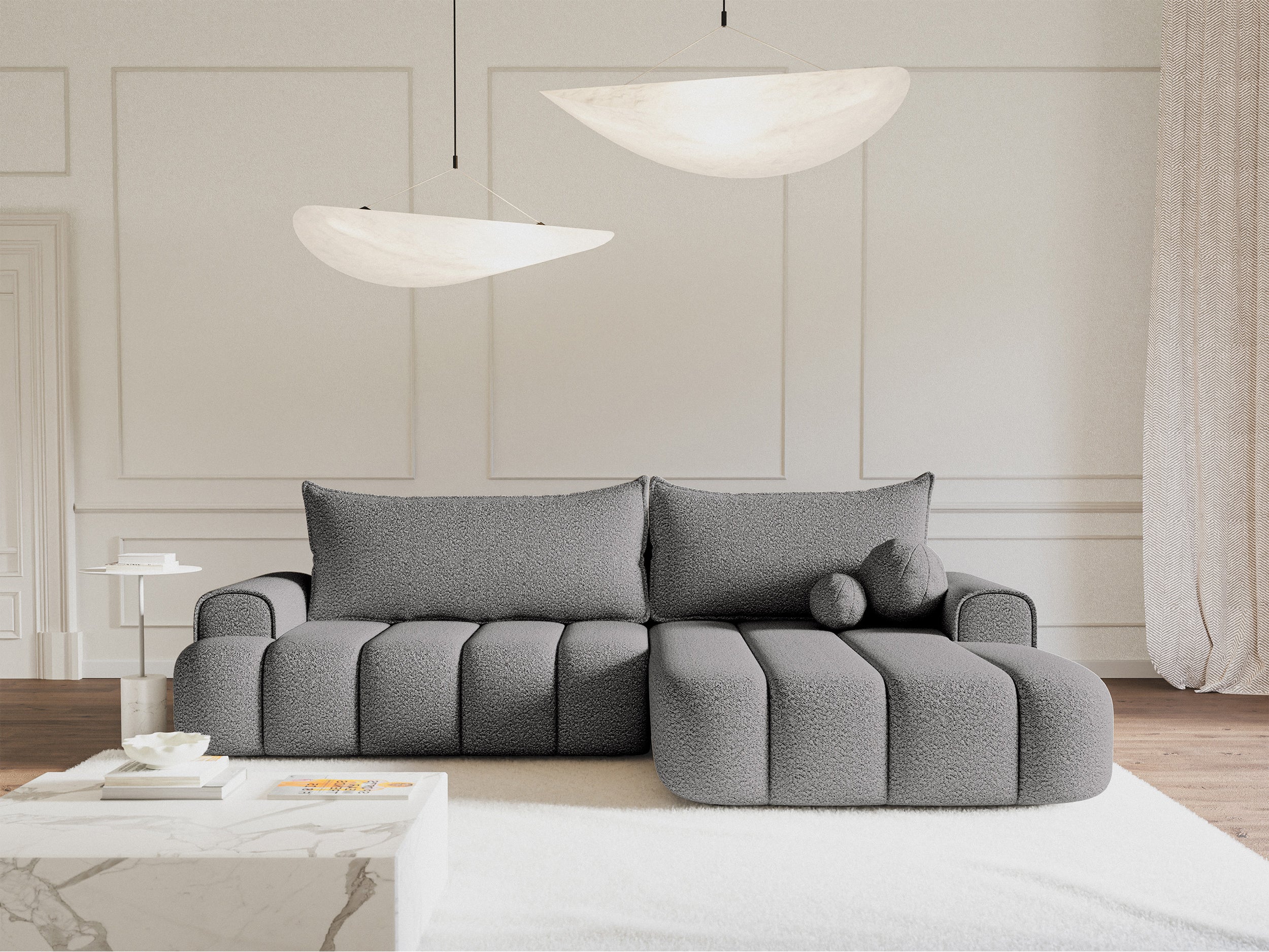 Ecksofa mit Schlaffunktion Dandelino, L-förmig, rechtsseitig, mit Stauraum, grauer Bouclé-Stoff