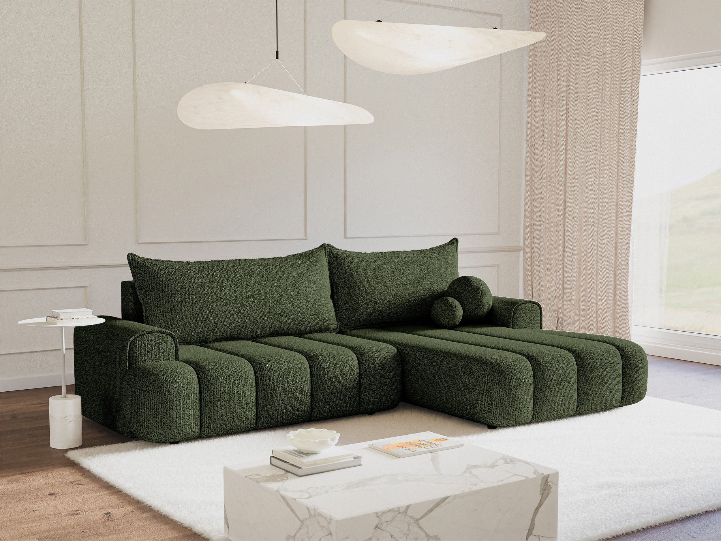 Ecksofa mit Schlaffunktion Dandelino, L-förmig, rechtsseitig, mit Stauraum, khaki Bouclé