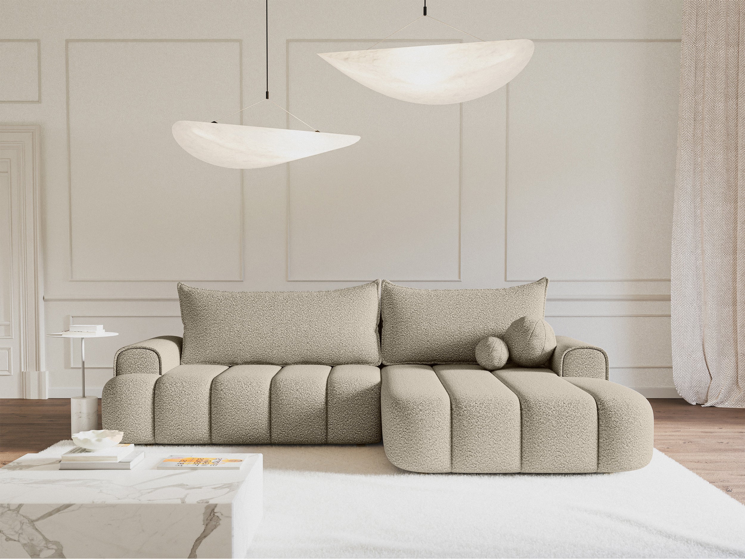 Ecksofa mit Schlaffunktion Dandelino, L-förmig, rechtsseitig, mit Stauraum, hellbeige Bouclé