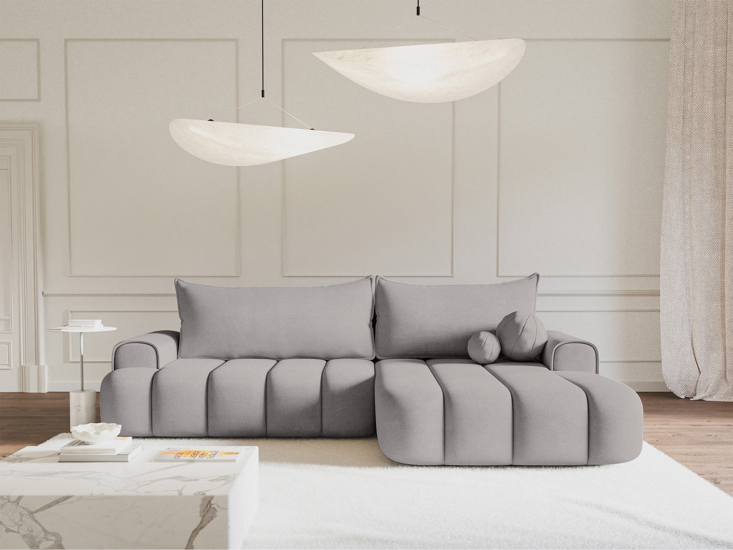 Ecksofa mit Schlaffunktion Dandelino, L-förmig, rechtsseitig, mit Stauraum, grauer Samt