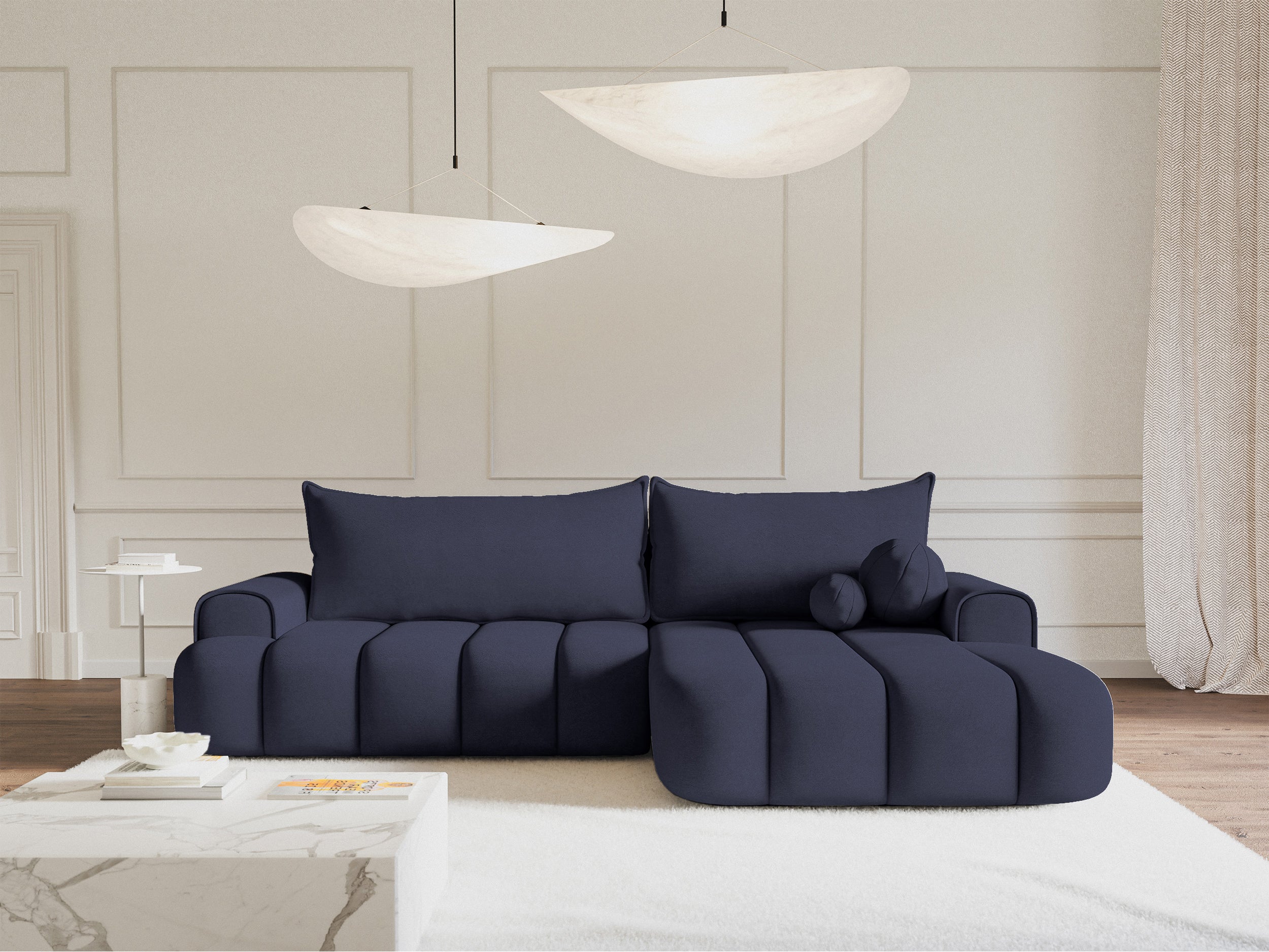 Ecksofa mit Schlaffunktion Dandelino, L-förmig, rechtsseitig, mit Stauraum, marineblauer Samt