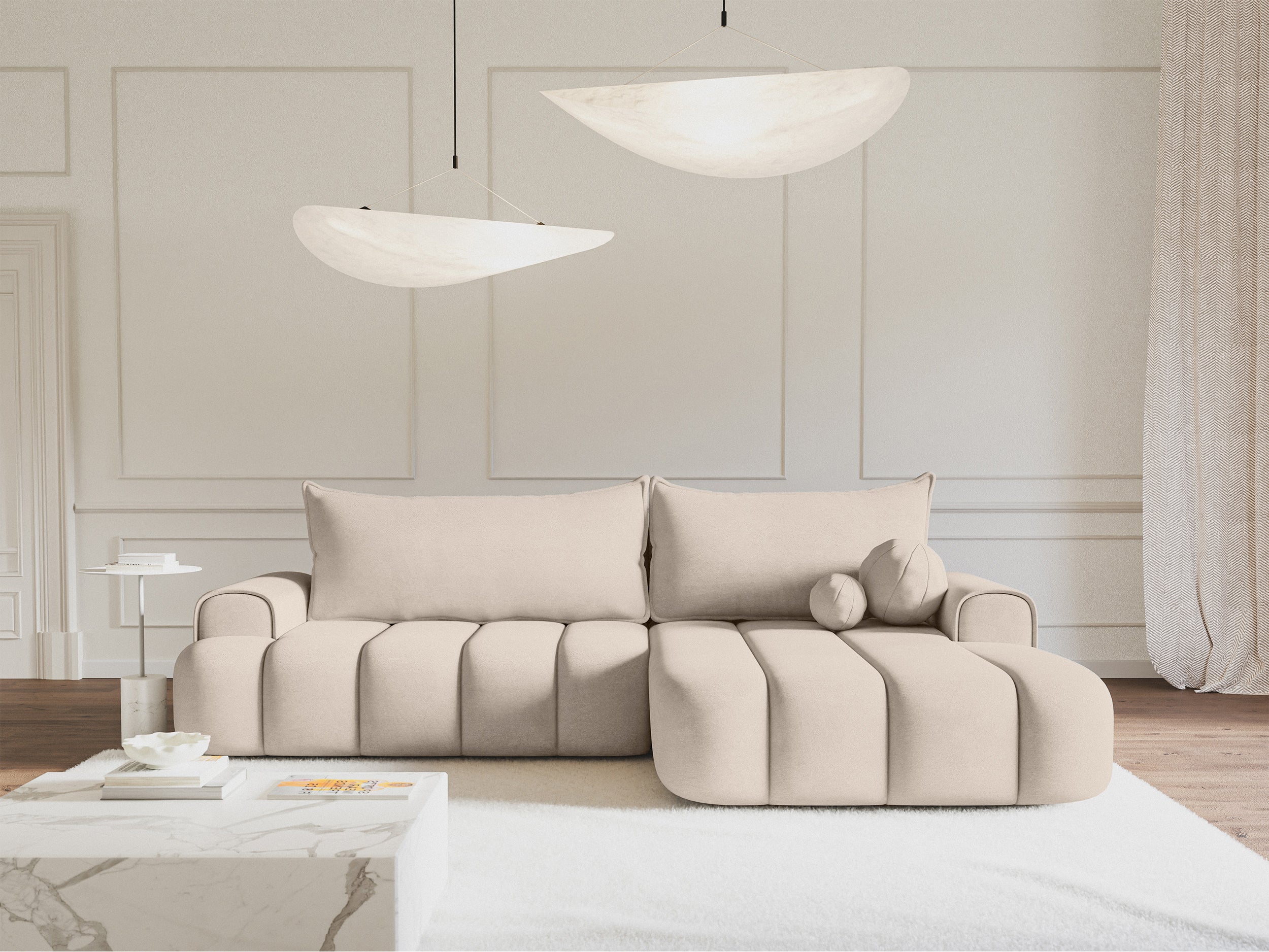 Ecksofa mit Schlaffunktion Dandelino, L-Form, rechtsseitig, mit Stauraum, grau-beiger Samtstoff