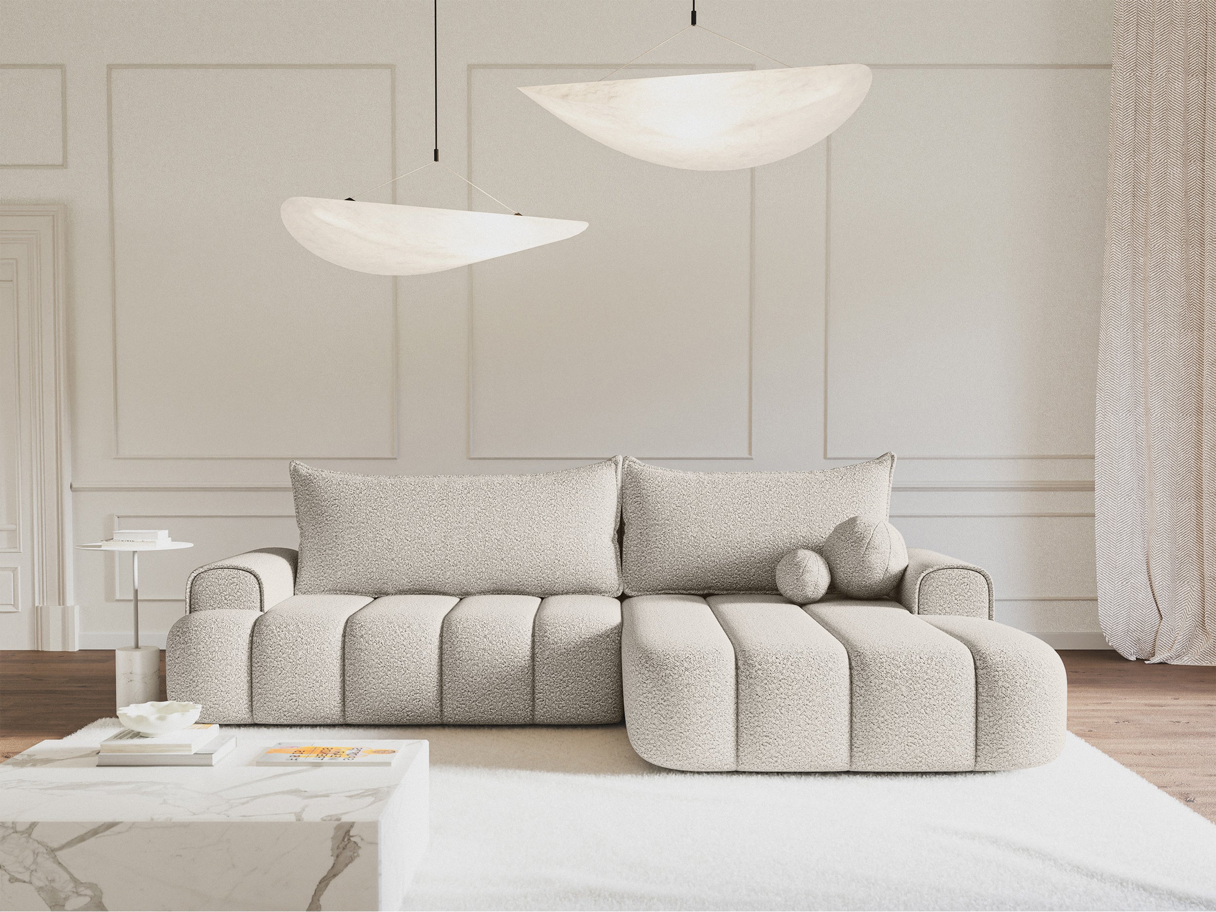 Ecksofa mit Schlaffunktion Dandelino, L-Form, rechtsseitig, mit Stauraum, cremefarbenes Bouclé