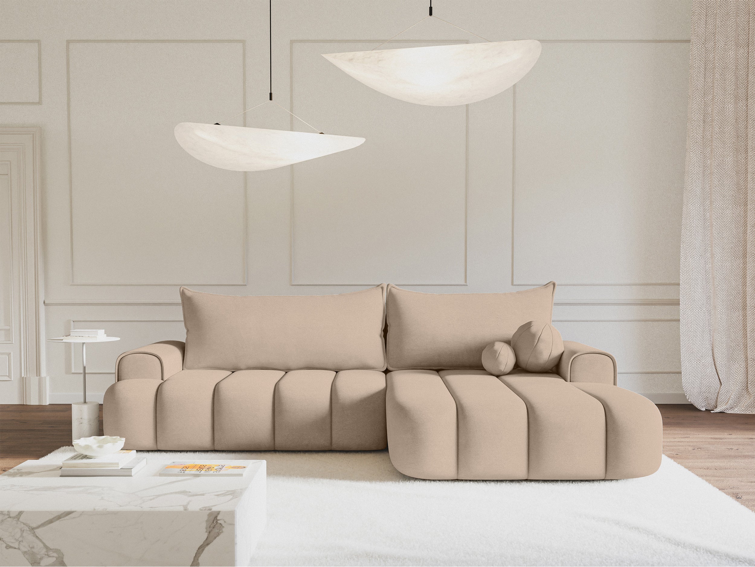 Ecksofa mit Schlaffunktion Dandelino, L-förmig, rechtsseitig, mit Stauraum, beige Samt