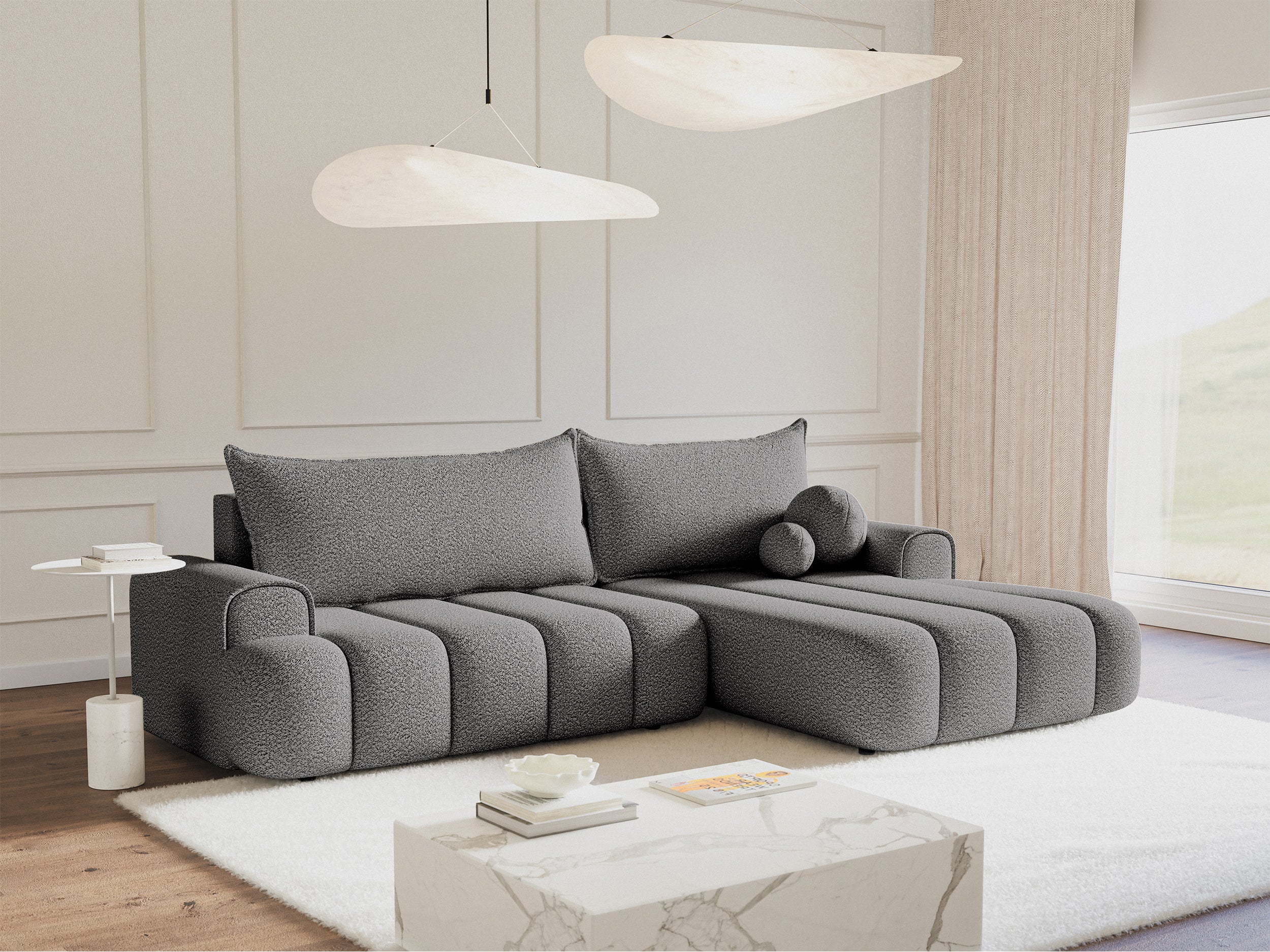 Ecksofa mit Schlaffunktion Dandelino, L-förmig, rechtsseitig, mit Stauraum, grauer Bouclé-Stoff