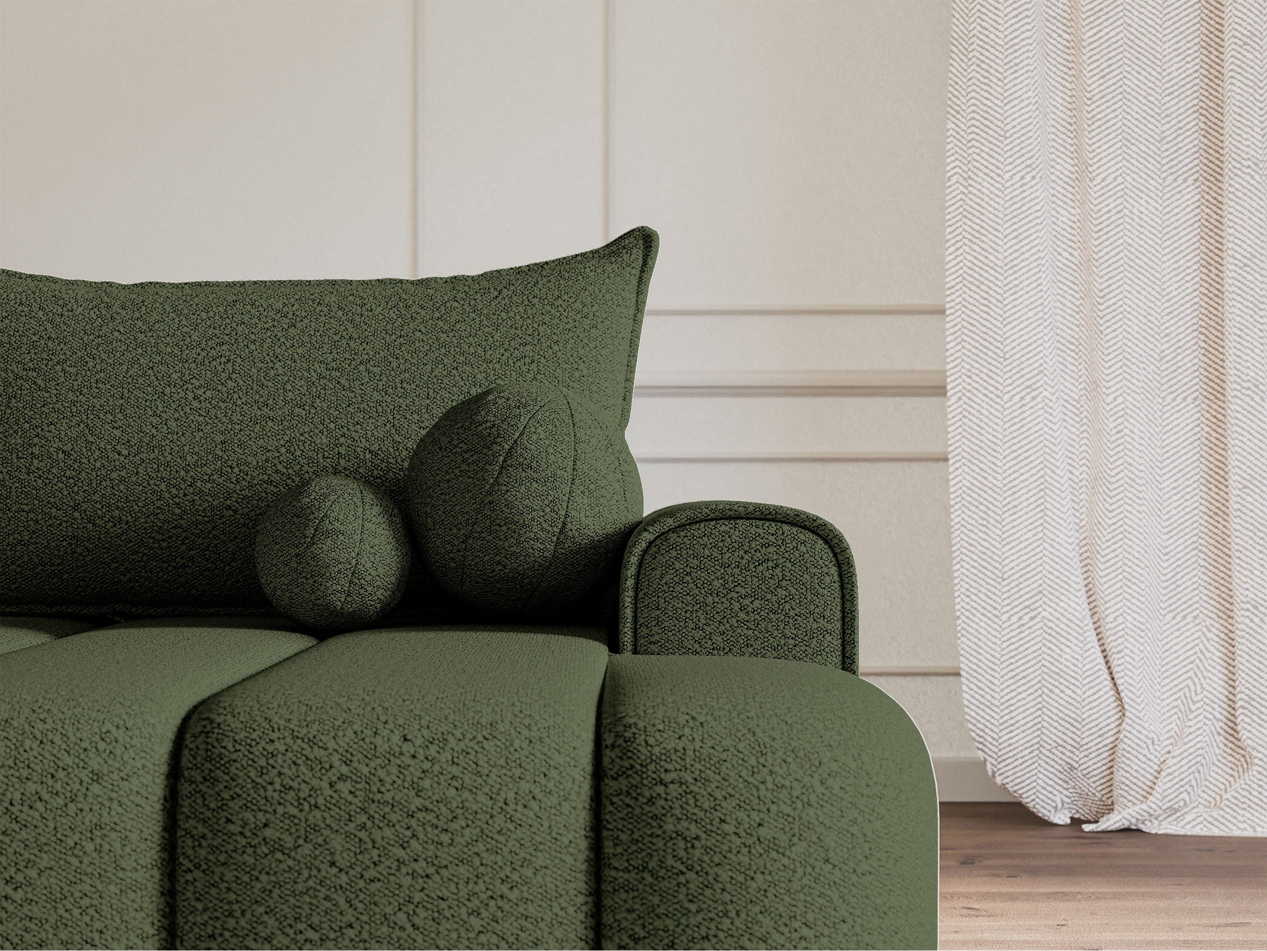 Ecksofa mit Schlaffunktion Dandelino, L-förmig, rechtsseitig, mit Stauraum, khaki Bouclé