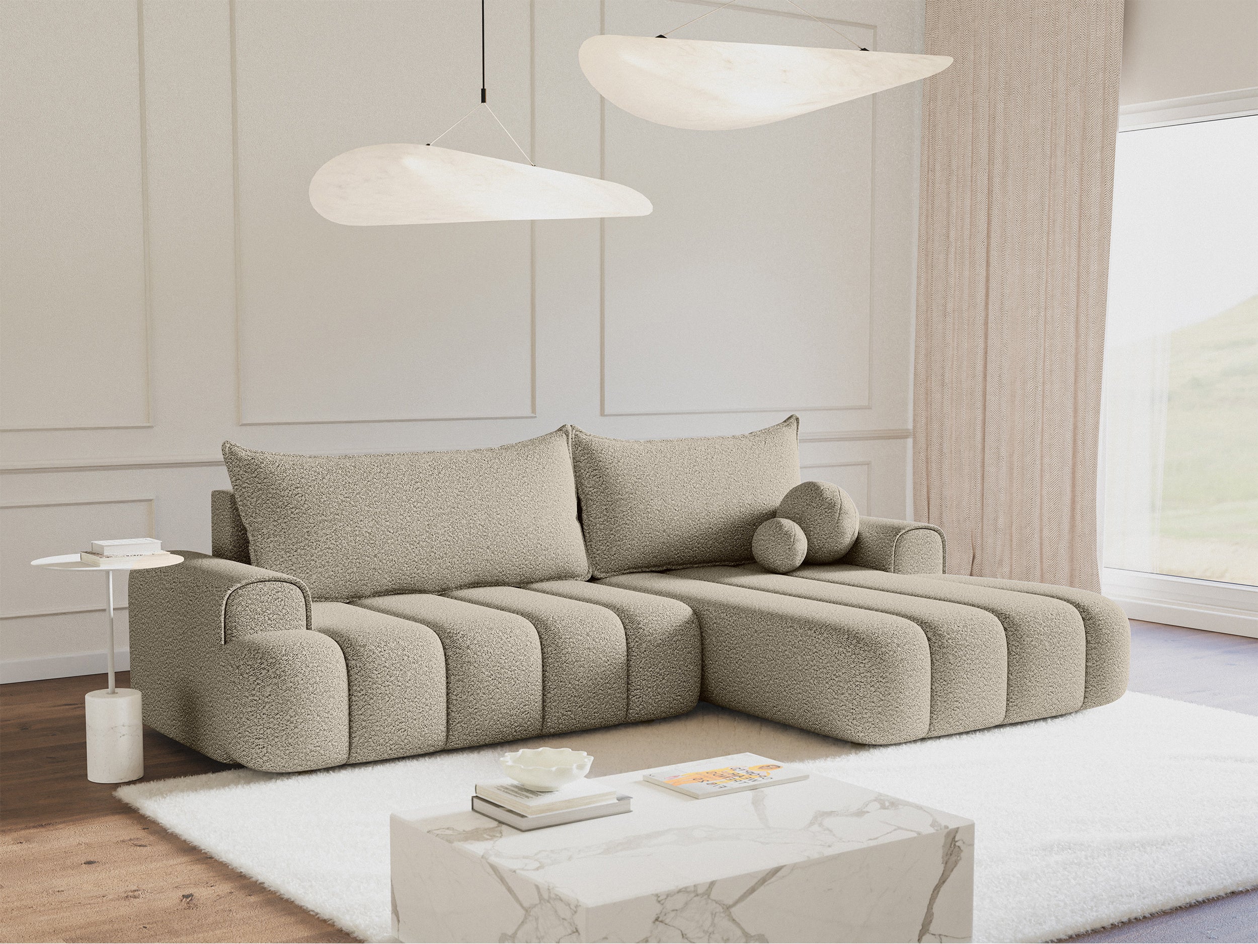 Ecksofa mit Schlaffunktion Dandelino, L-förmig, rechtsseitig, mit Stauraum, hellbeige Bouclé