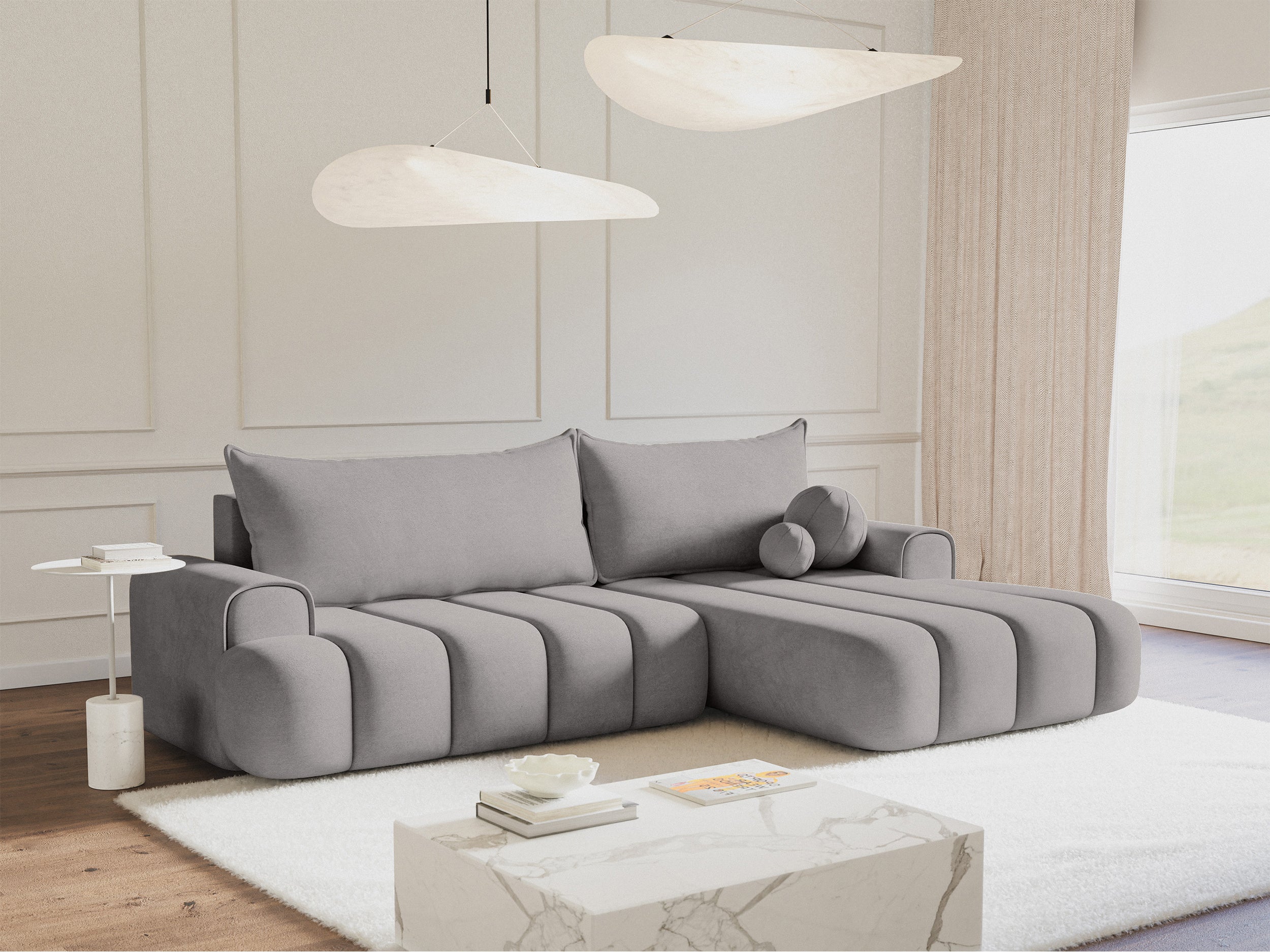 Ecksofa mit Schlaffunktion Dandelino, L-förmig, rechtsseitig, mit Stauraum, grauer Samt