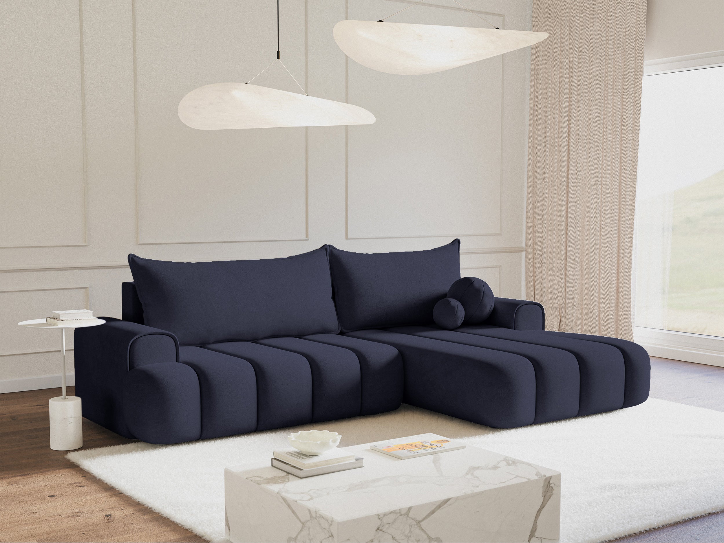 Ecksofa mit Schlaffunktion Dandelino, L-förmig, rechtsseitig, mit Stauraum, marineblauer Samt