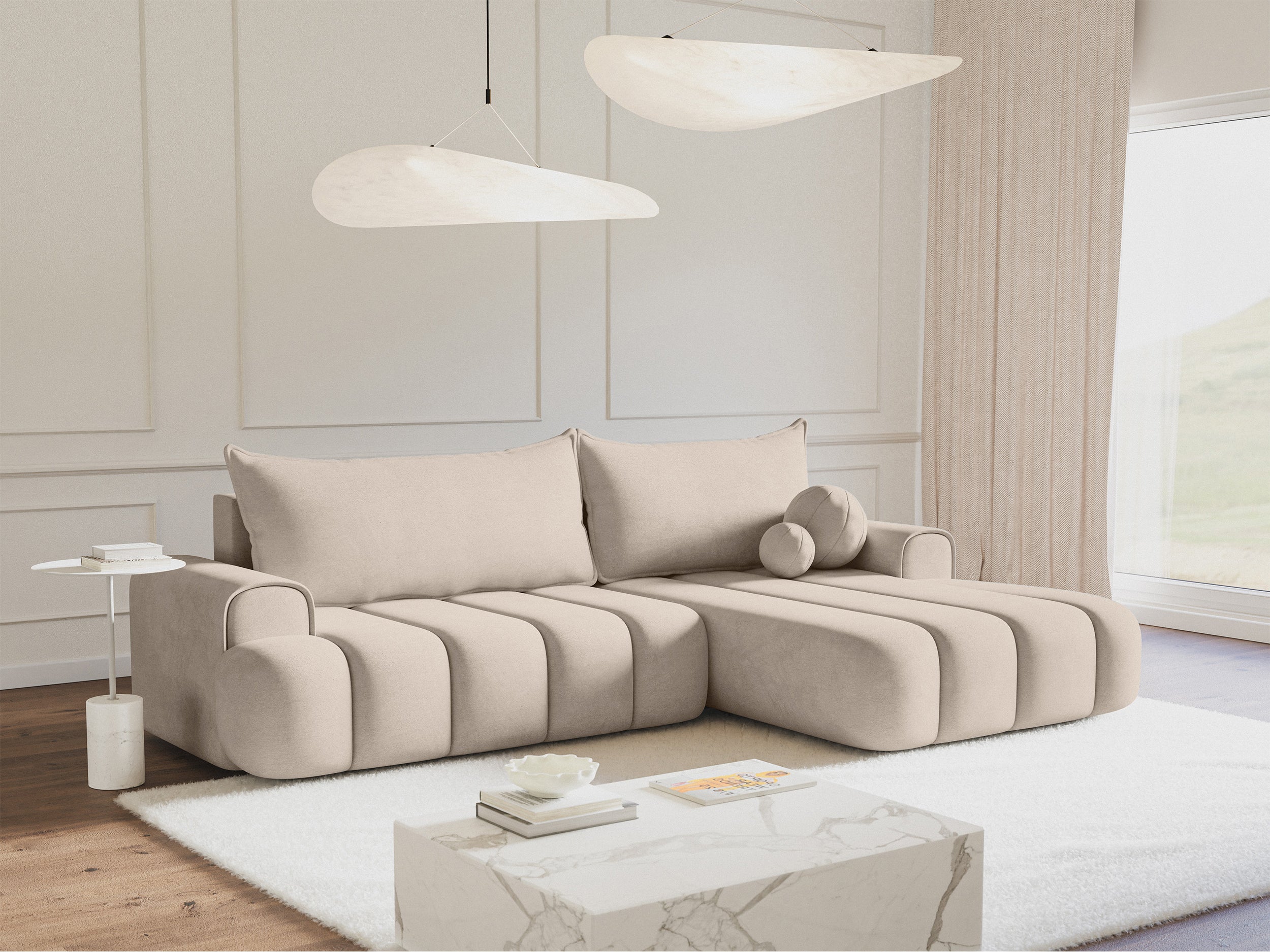 Ecksofa mit Schlaffunktion Dandelino, L-Form, rechtsseitig, mit Stauraum, grau-beiger Samtstoff