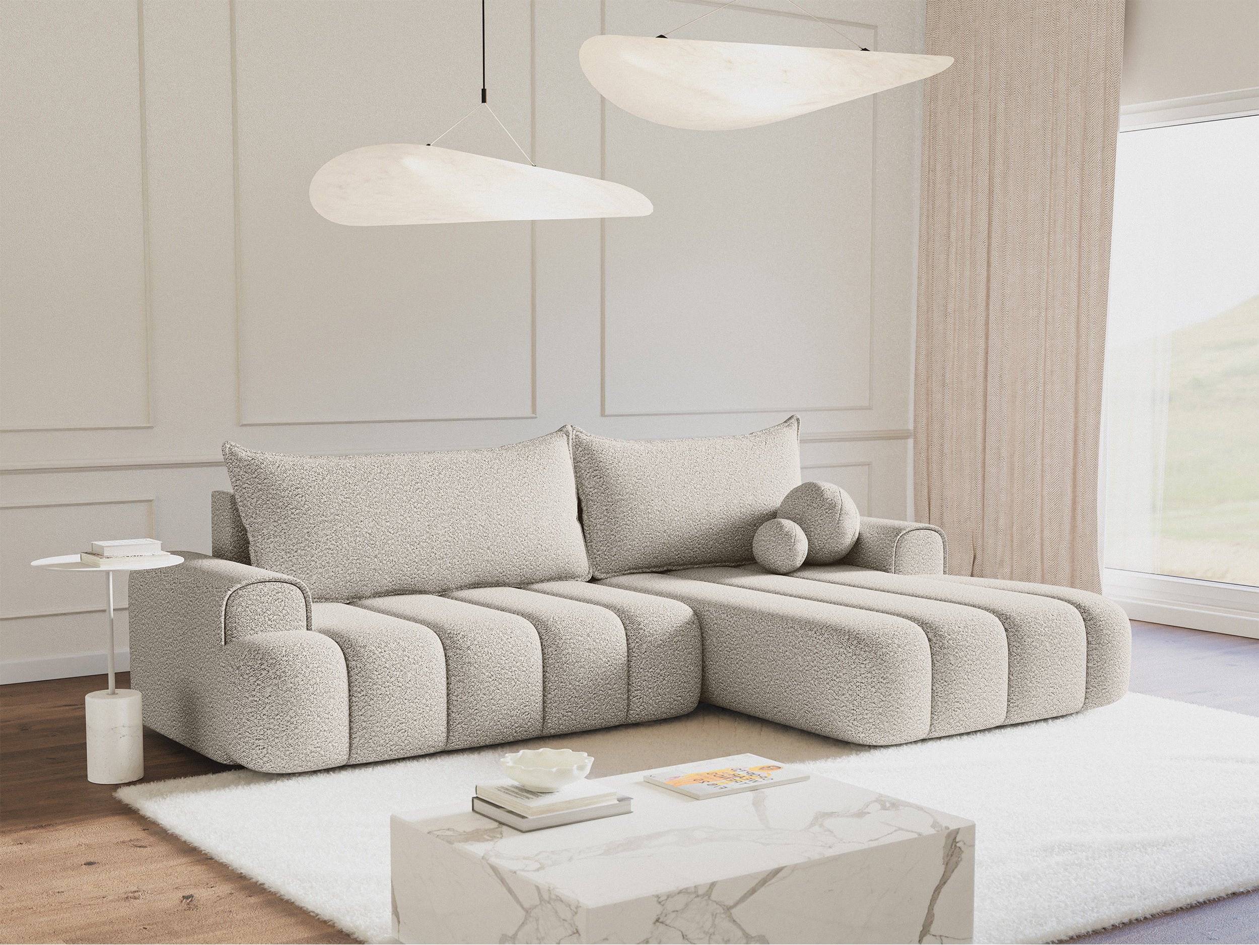Ecksofa mit Schlaffunktion Dandelino, L-Form, rechtsseitig, mit Stauraum, cremefarbenes Bouclé