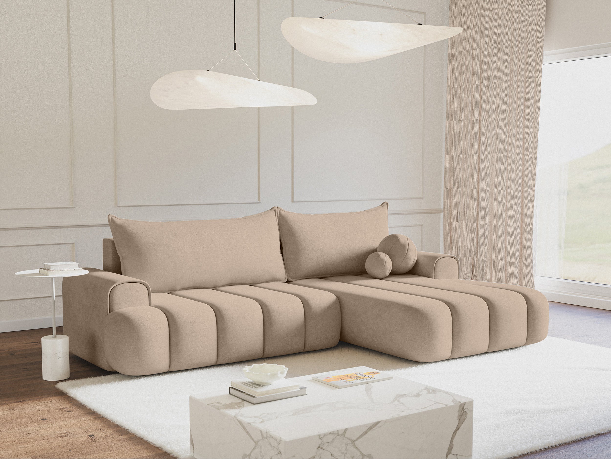 Ecksofa mit Schlaffunktion Dandelino, L-förmig, rechtsseitig, mit Stauraum, beige Samt