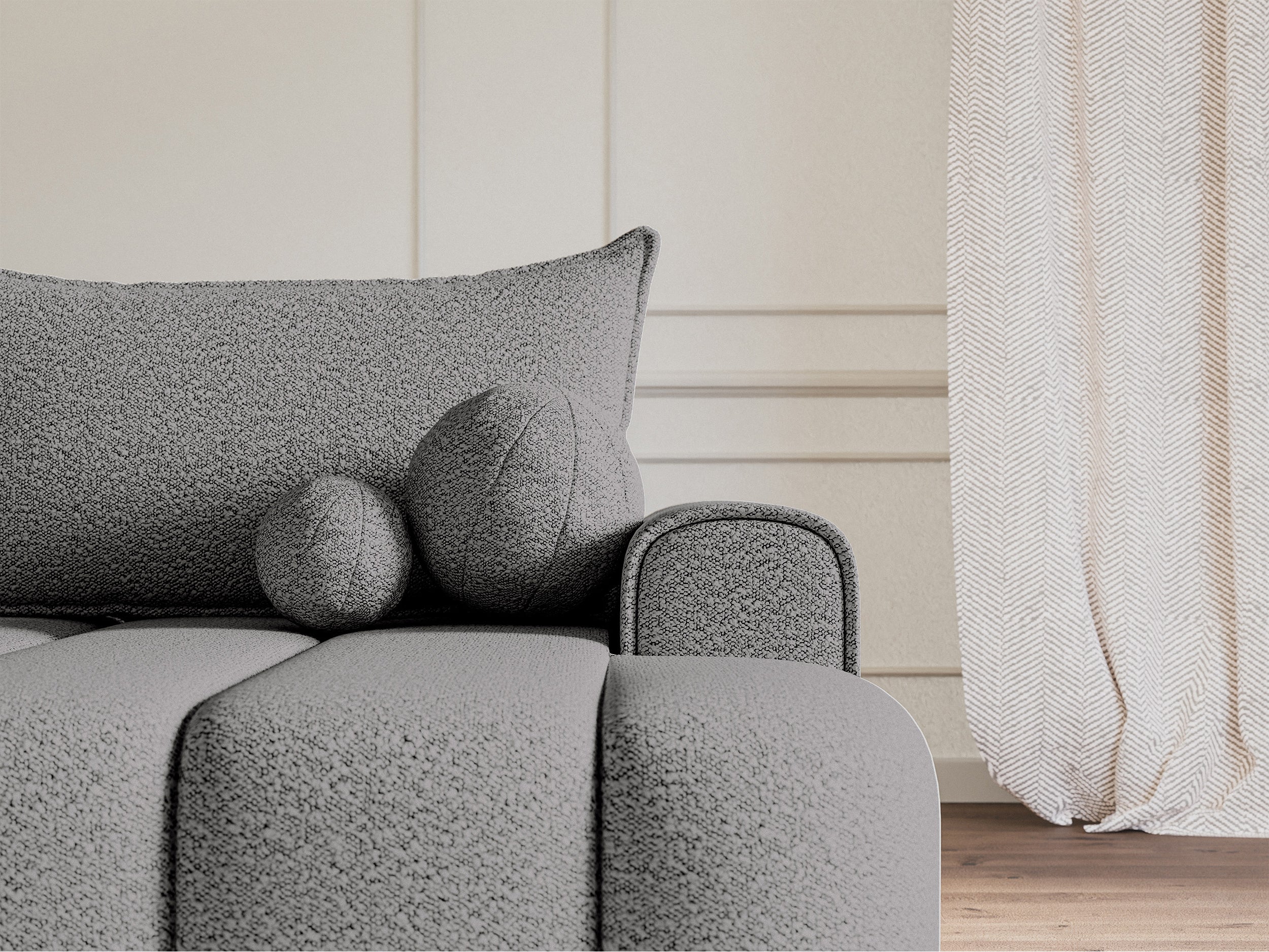 Ecksofa mit Schlaffunktion Dandelino, L-förmig, rechtsseitig, mit Stauraum, grauer Bouclé-Stoff