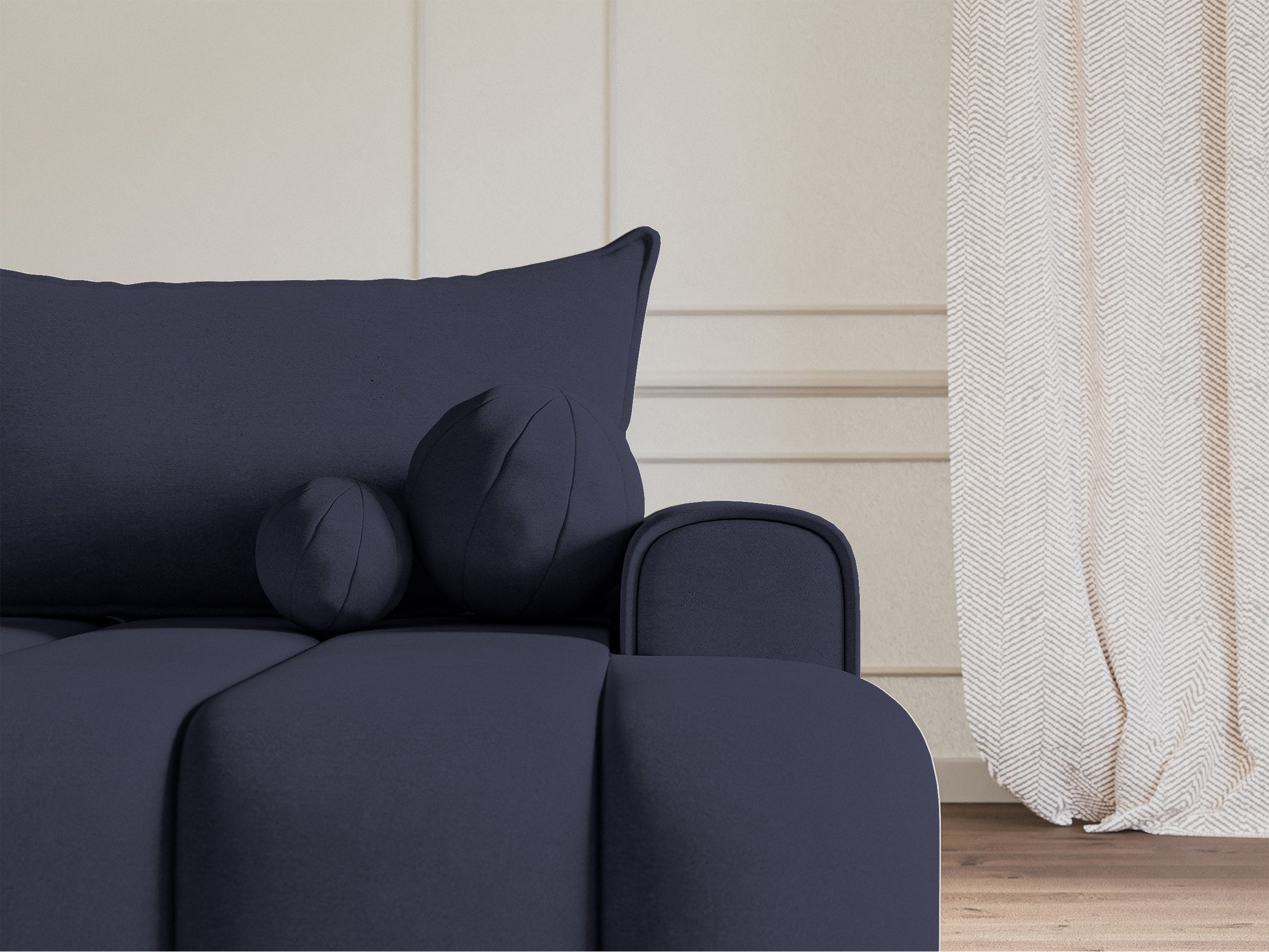 Ecksofa mit Schlaffunktion Dandelino, L-förmig, rechtsseitig, mit Stauraum, marineblauer Samt