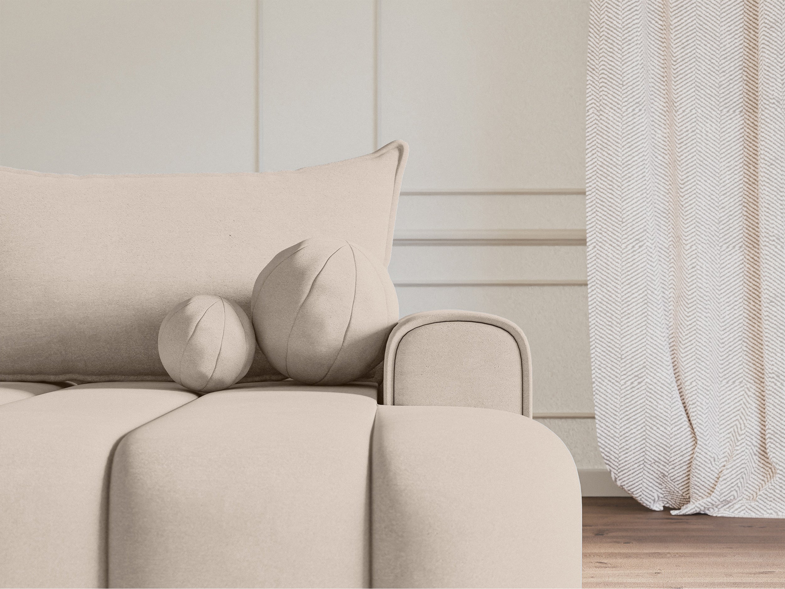Ecksofa mit Schlaffunktion Dandelino, L-Form, rechtsseitig, mit Stauraum, grau-beiger Samtstoff