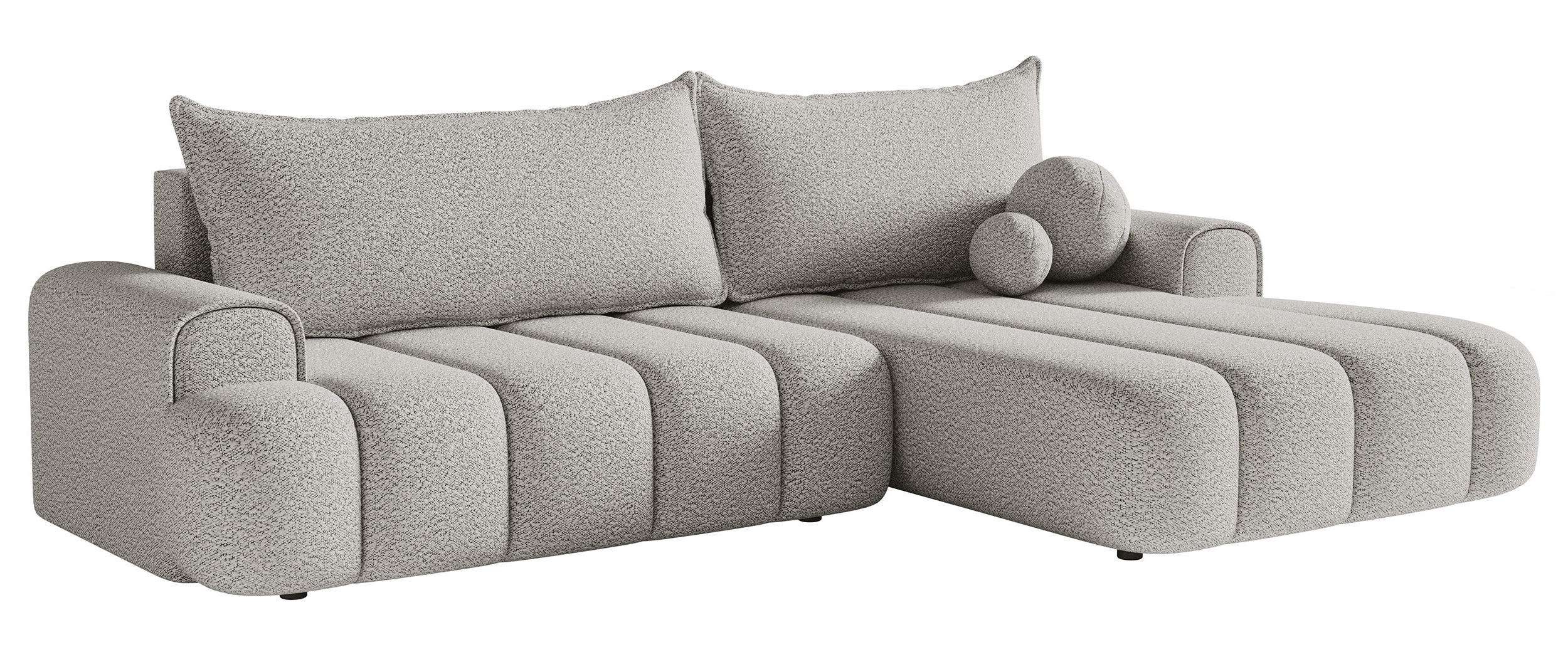 Ecksofa mit Schlaffunktion Dandelino, L-förmig, rechtsseitig mit Stauraum, hellgrauer Bouclé-Stoff