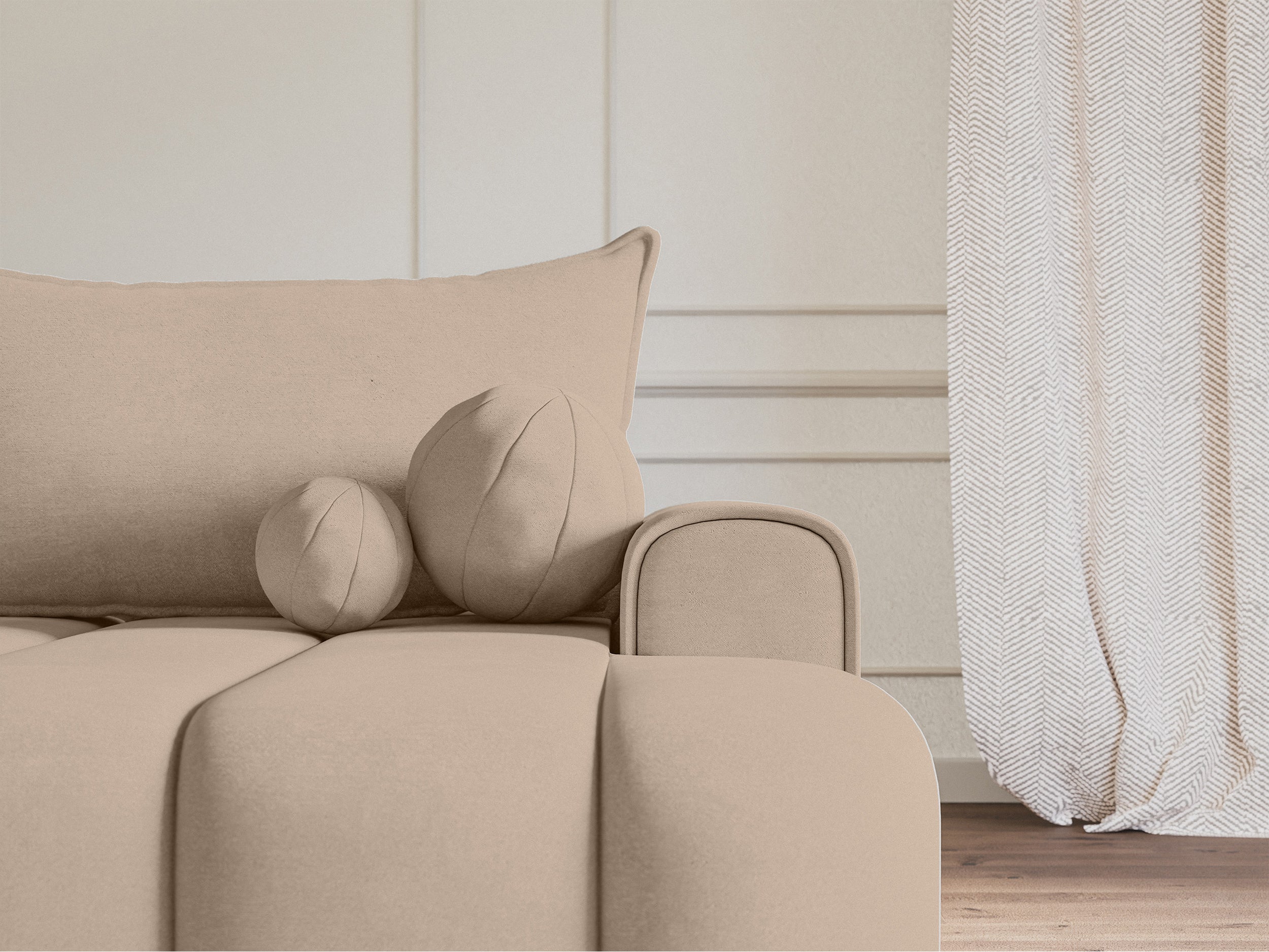 Ecksofa mit Schlaffunktion Dandelino, L-förmig, rechtsseitig, mit Stauraum, beige Samt