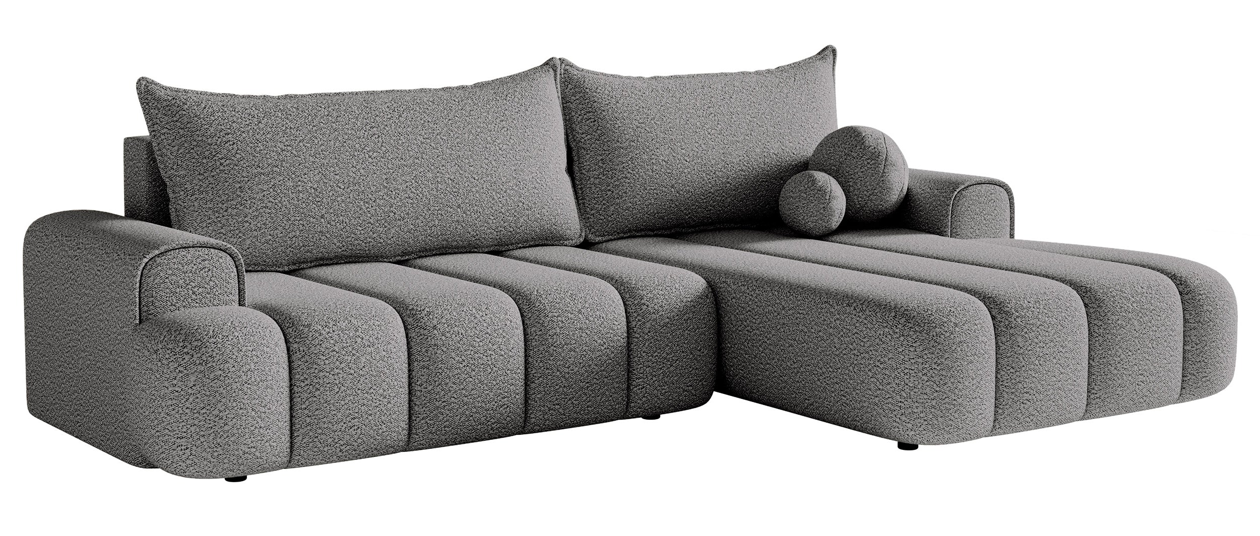 Ecksofa mit Schlaffunktion Dandelino, L-förmig, rechtsseitig, mit Stauraum, grauer Bouclé-Stoff