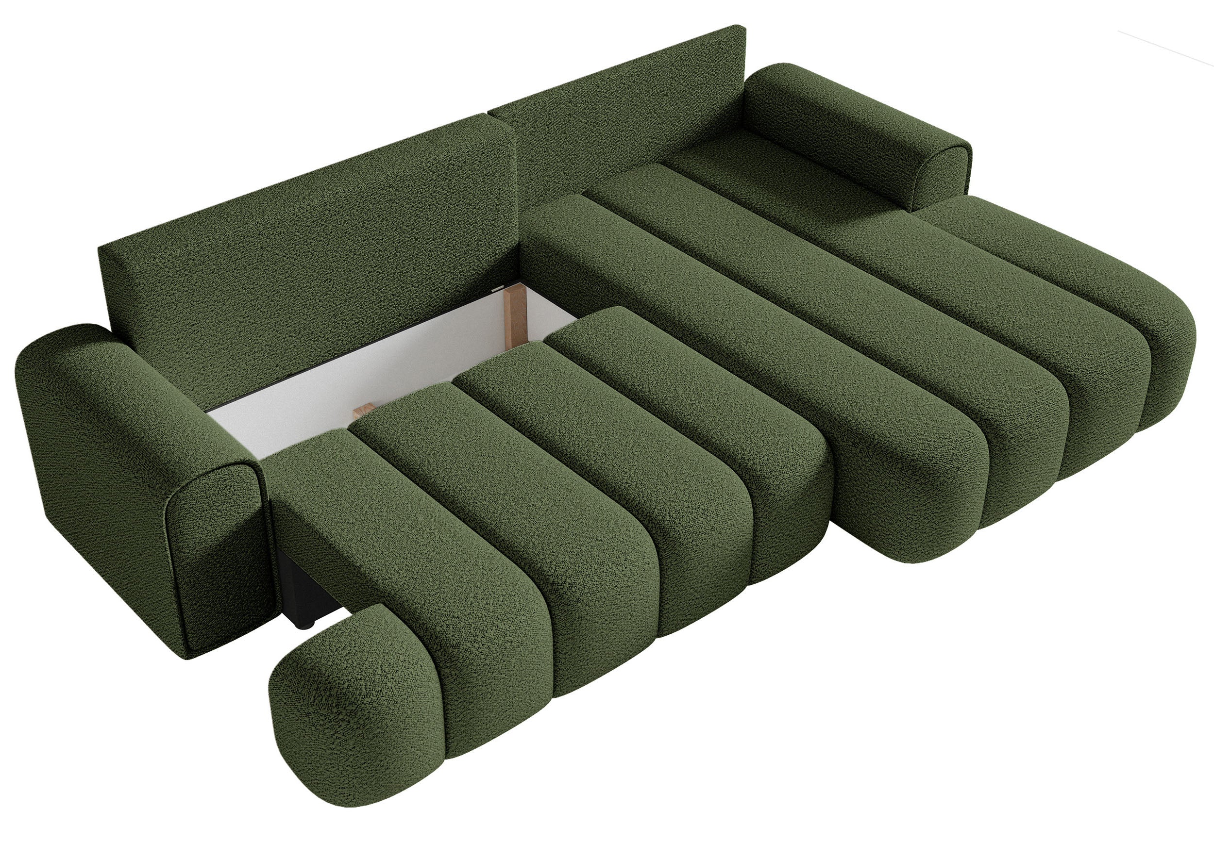 Ecksofa mit Schlaffunktion Dandelino, L-förmig, rechtsseitig, mit Stauraum, khaki Bouclé