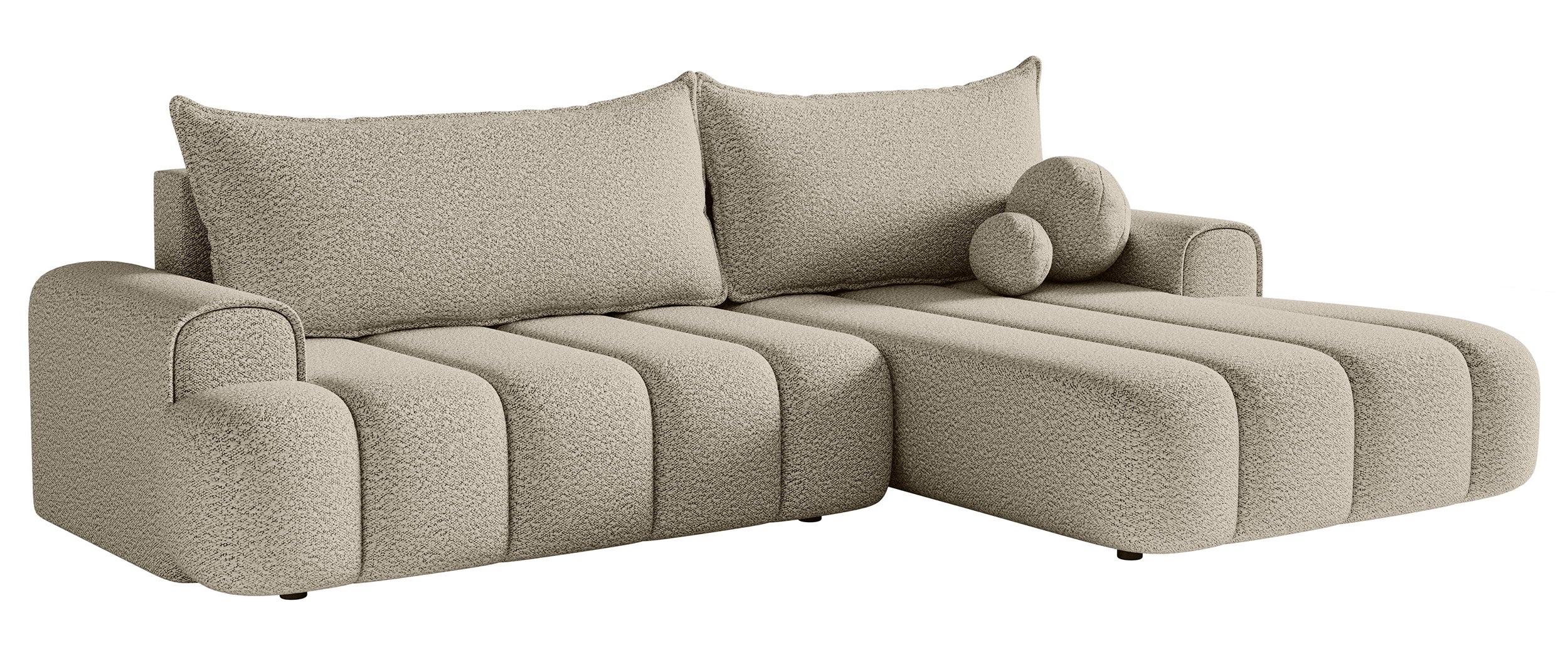 Ecksofa mit Schlaffunktion Dandelino, L-förmig, rechtsseitig, mit Stauraum, hellbeige Bouclé