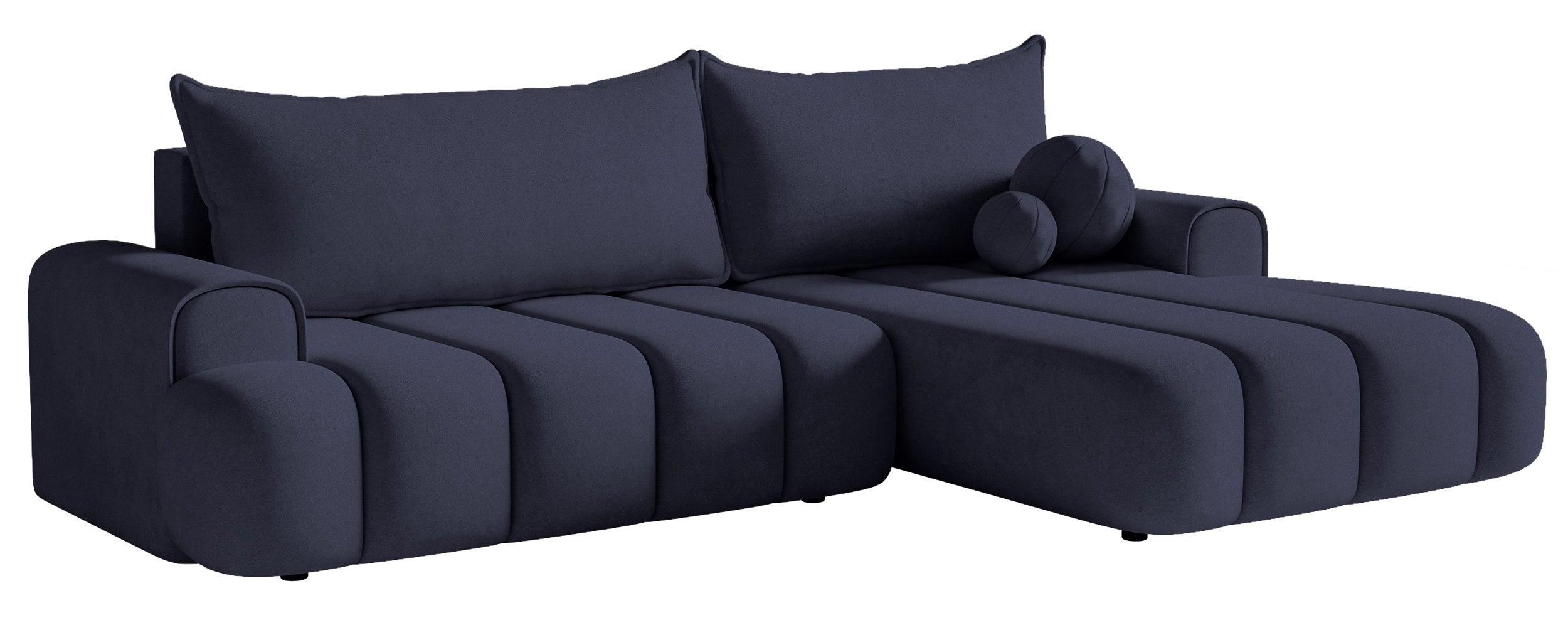 Ecksofa mit Schlaffunktion Dandelino, L-förmig, rechtsseitig, mit Stauraum, marineblauer Samt