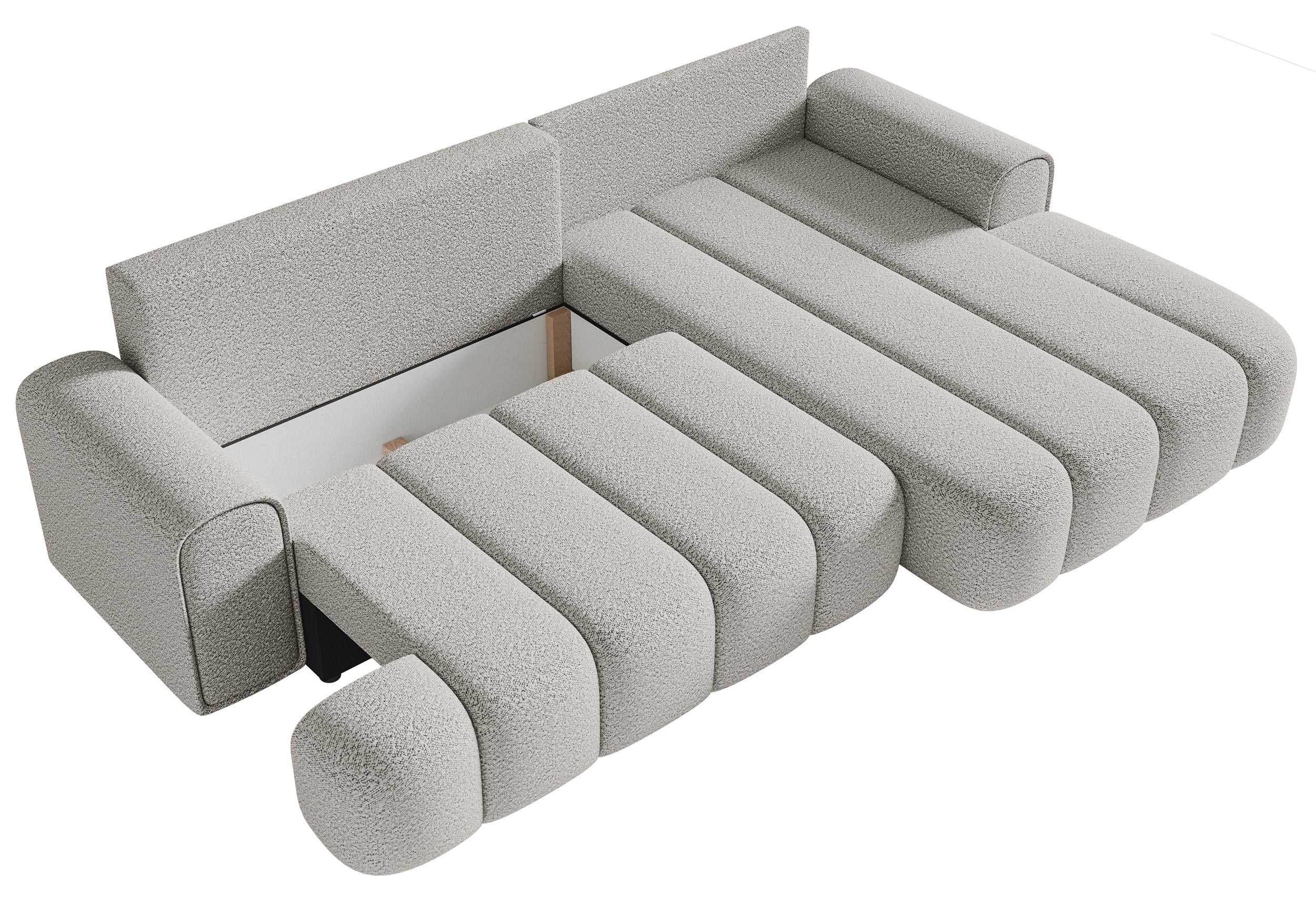 Ecksofa mit Schlaffunktion Dandelino, L-förmig, rechtsseitig mit Stauraum, hellgrauer Bouclé-Stoff